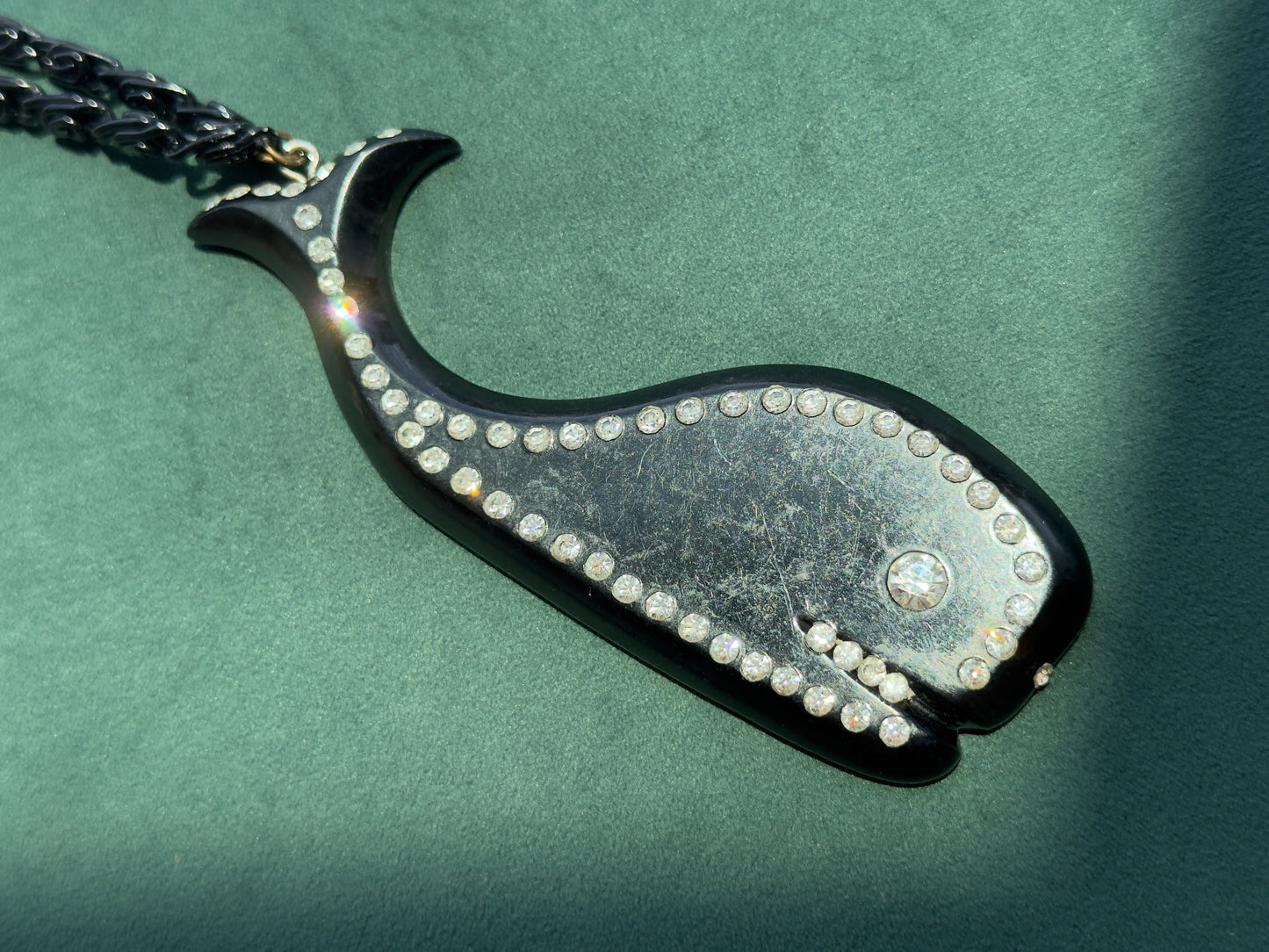 Vintage European Black Plastic Rhinestone Figural Sea Creature Pendant Necklace 40 Inch Rhinestone Chain Buch Deichmann Style