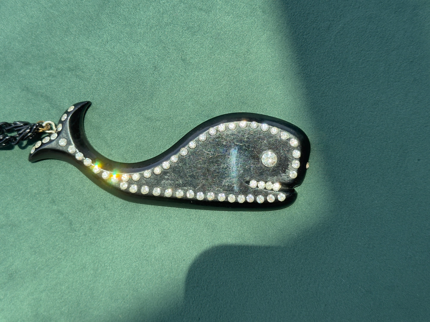 Vintage European Black Plastic Rhinestone Figural Sea Creature Pendant Necklace 40 Inch Rhinestone Chain Buch Deichmann Style