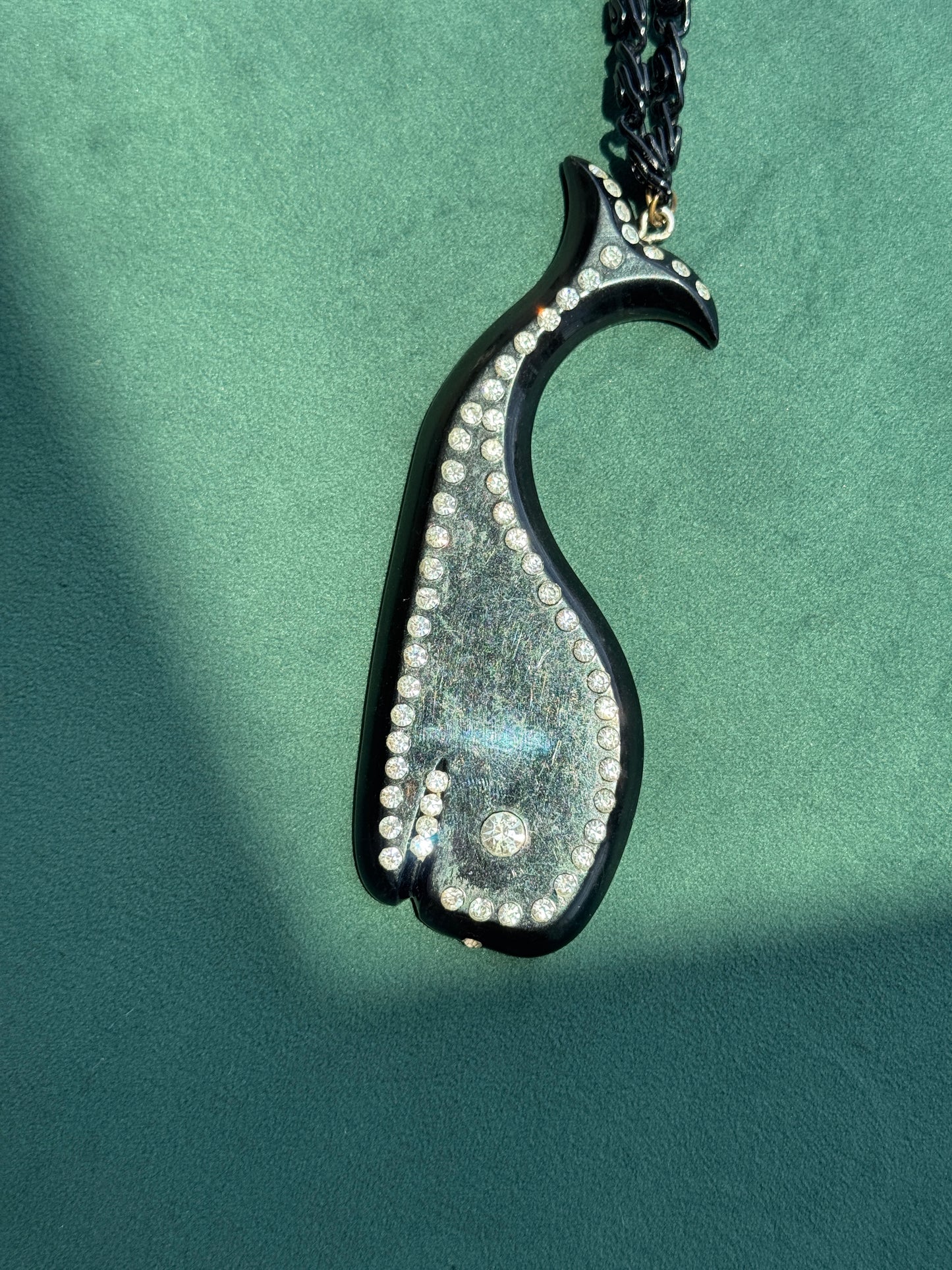Vintage European Black Plastic Rhinestone Figural Sea Creature Pendant Necklace 40 Inch Rhinestone Chain Buch Deichmann Style