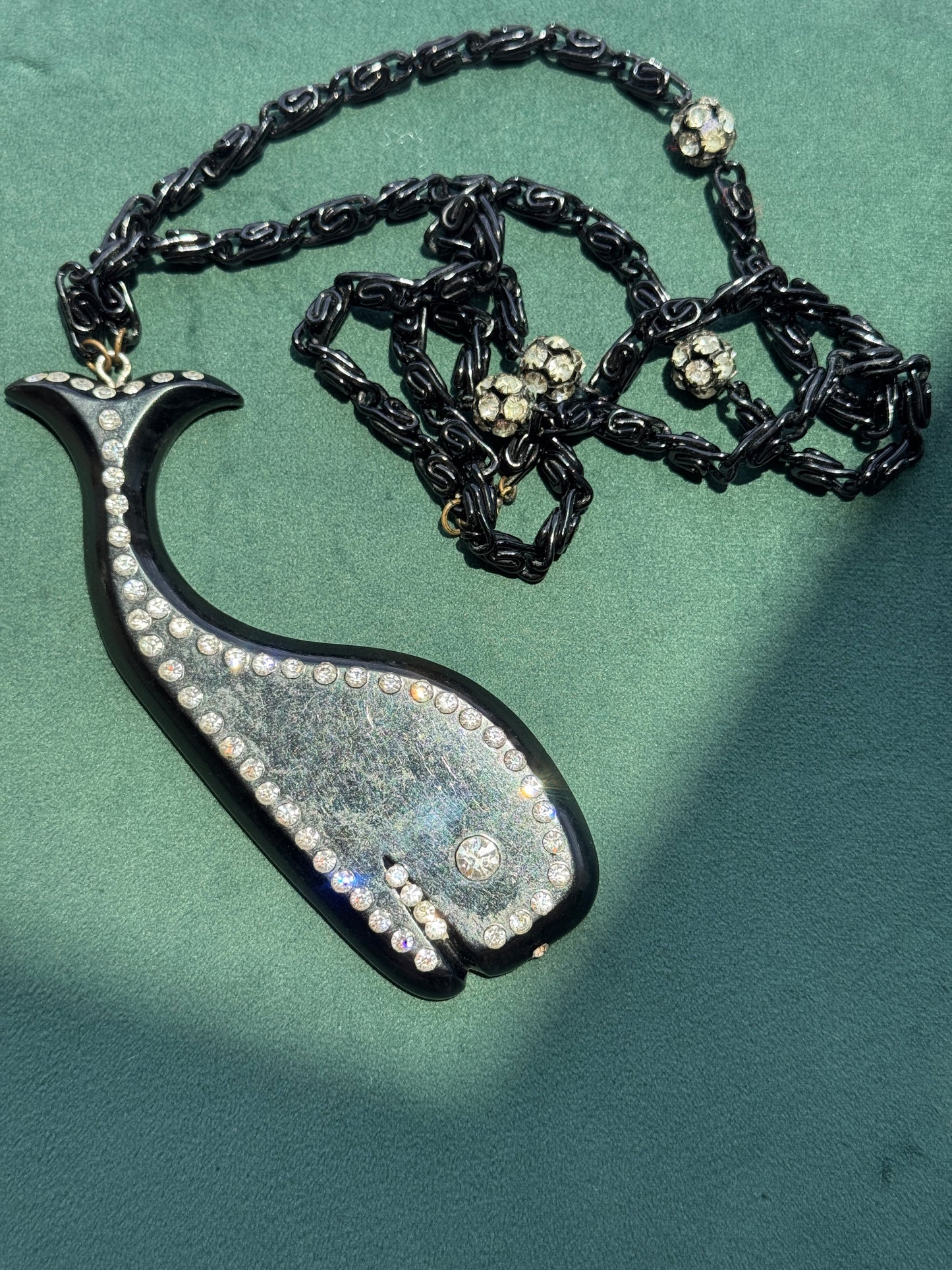 Vintage European Black Plastic Rhinestone Figural Sea Creature Pendant Necklace 40 Inch Rhinestone Chain Buch Deichmann Style