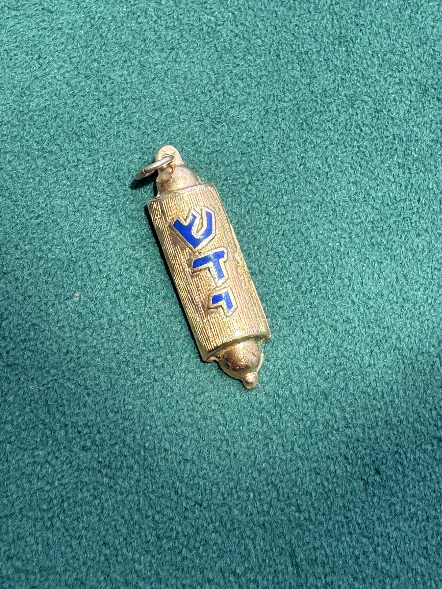 Estate 14K Yellow Gold Blue Enamel Mezuzah Pendant with Interior Scroll Hebrew Shaddai Judaica