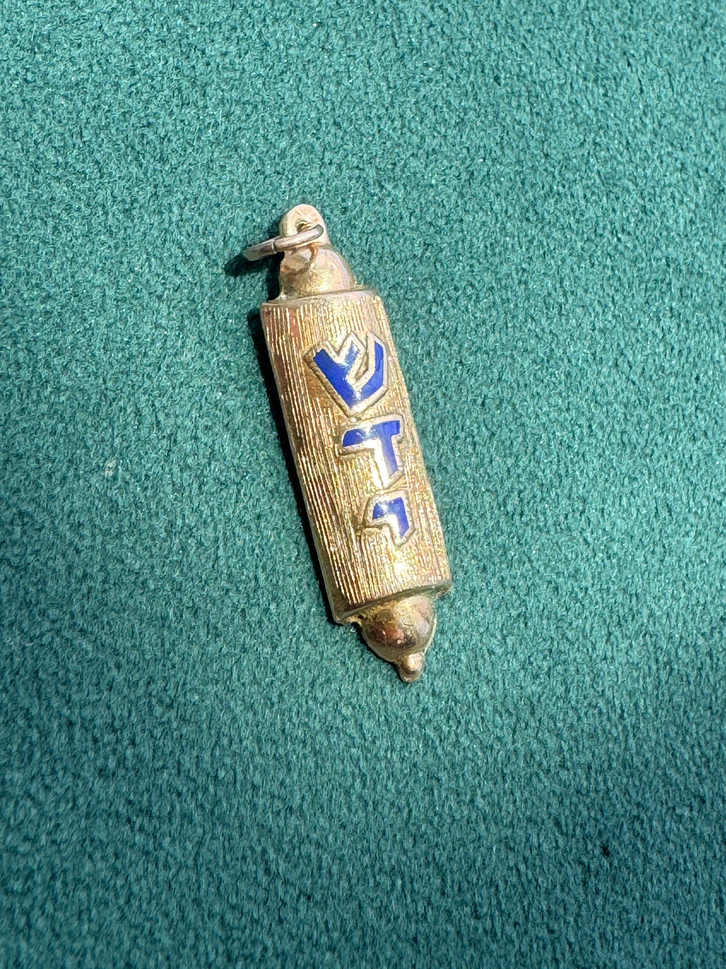 Estate 14K Yellow Gold Blue Enamel Mezuzah Pendant with Interior Scroll Hebrew Shaddai Judaica