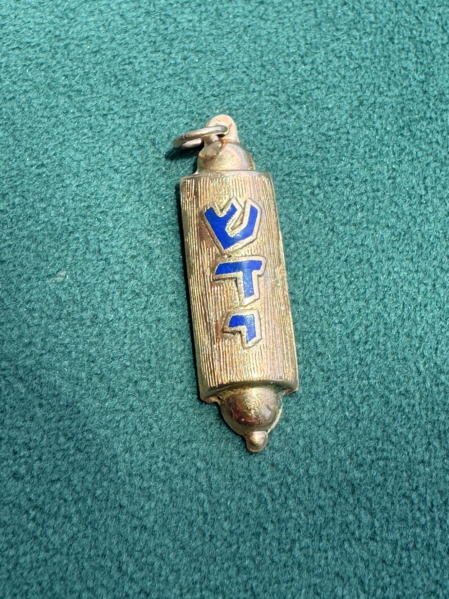 Estate 14K Yellow Gold Blue Enamel Mezuzah Pendant with Interior Scroll Hebrew Shaddai Judaica