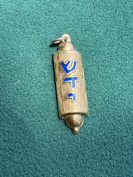 Estate 14K Yellow Gold Blue Enamel Mezuzah Pendant with Interior Scroll Hebrew Shaddai Judaica
