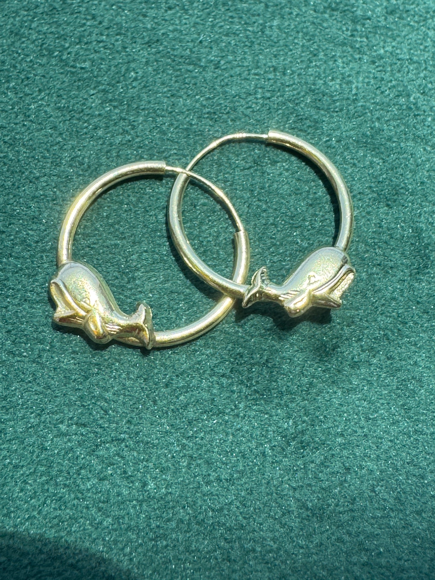Estate New Old Stock 14K Yellow Gold Figural Bulgy the Whale Cetacean Hoop Earrings Hawaiian Handcrafted Waikiki International Market Place Mermaid Life