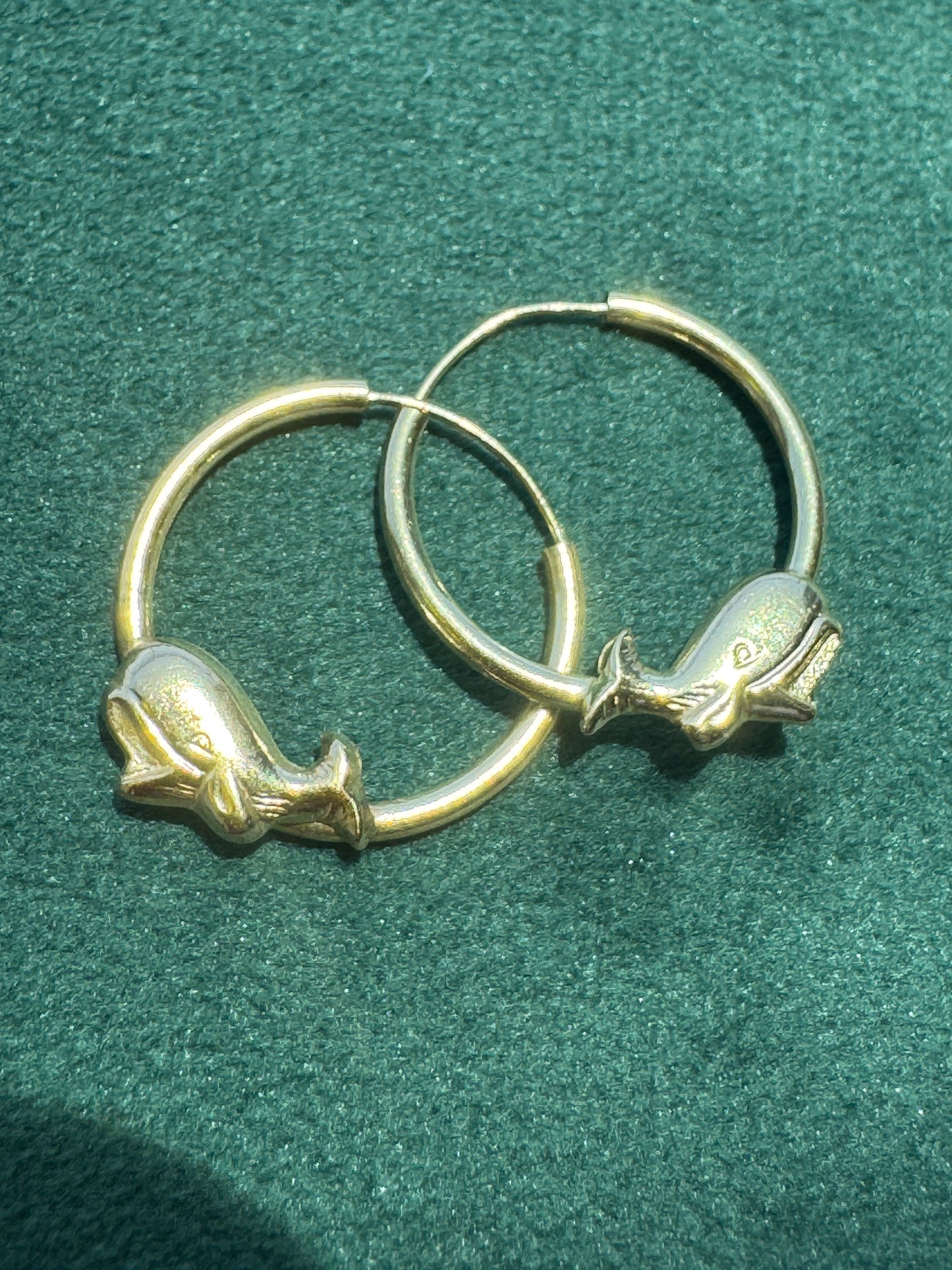 Estate New Old Stock 14K Yellow Gold Figural Bulgy the Whale Cetacean Hoop Earrings Hawaiian Handcrafted Waikiki International Market Place Mermaid Life