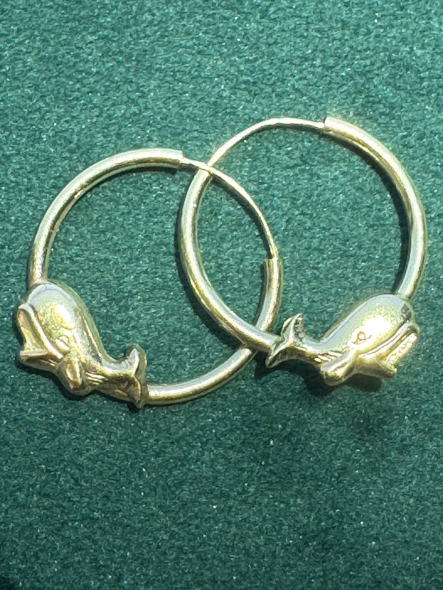 Estate New Old Stock 14K Yellow Gold Figural Bulgy the Whale Cetacean Hoop Earrings Hawaiian Handcrafted Waikiki International Market Place Mermaid Life