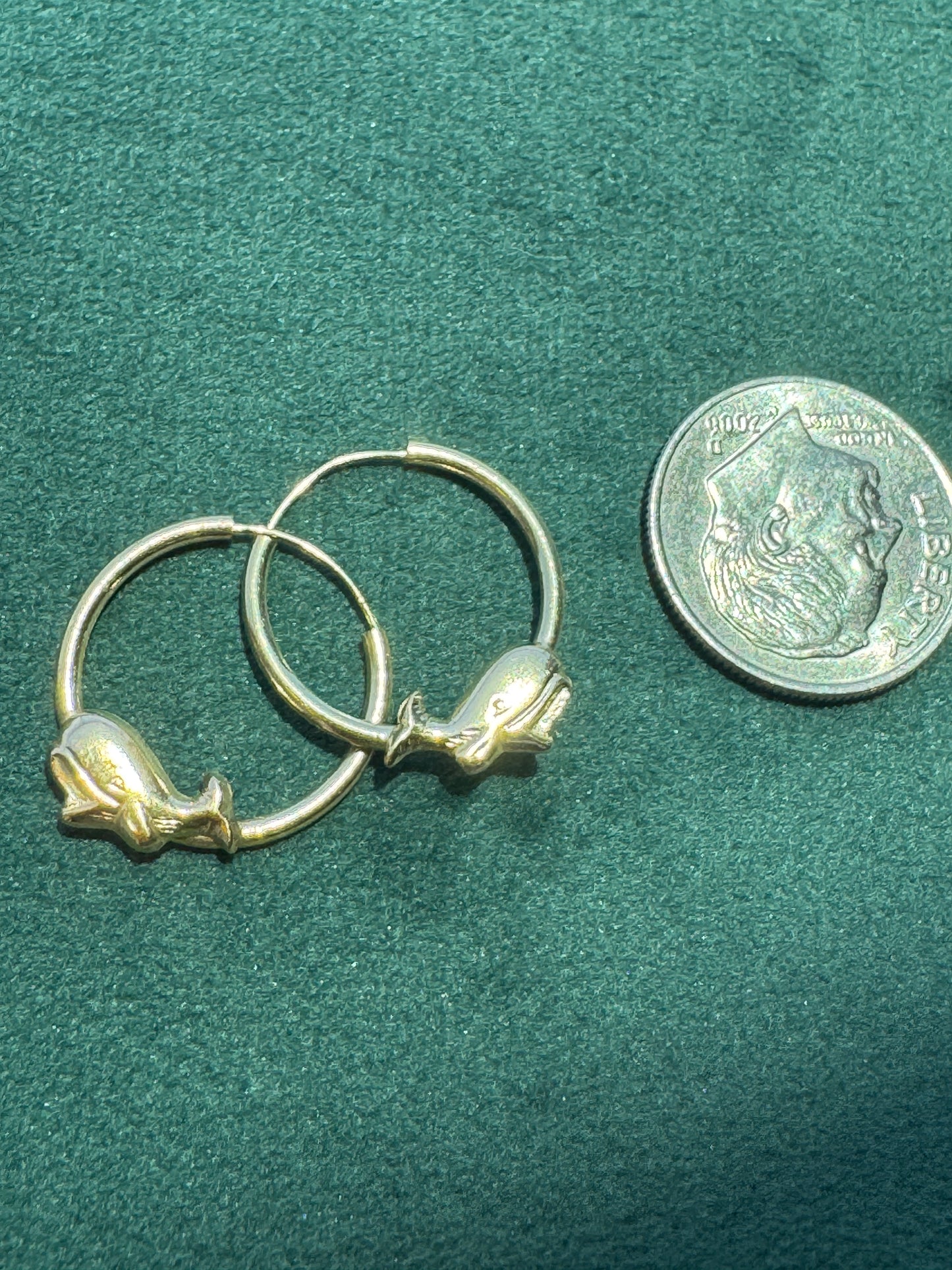 Estate New Old Stock 14K Yellow Gold Figural Bulgy the Whale Cetacean Hoop Earrings Hawaiian Handcrafted Waikiki International Market Place Mermaid Life