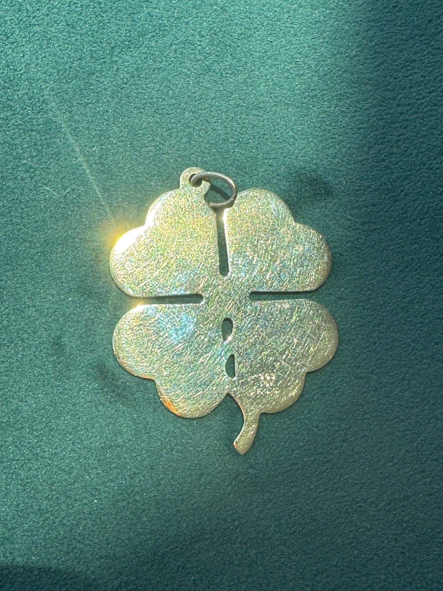 Giant Vintage 14K Yellow Gold Frank J. Golden Four Leaf Clover Pendant Florentine and Diamond Cut Finish Large Lucky Charm
