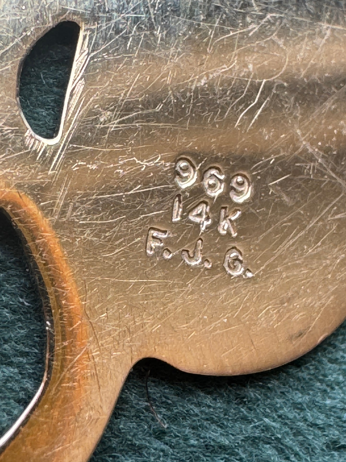 Giant Vintage 14K Yellow Gold Frank J. Golden Four Leaf Clover Pendant Florentine and Diamond Cut Finish Large Lucky Charm