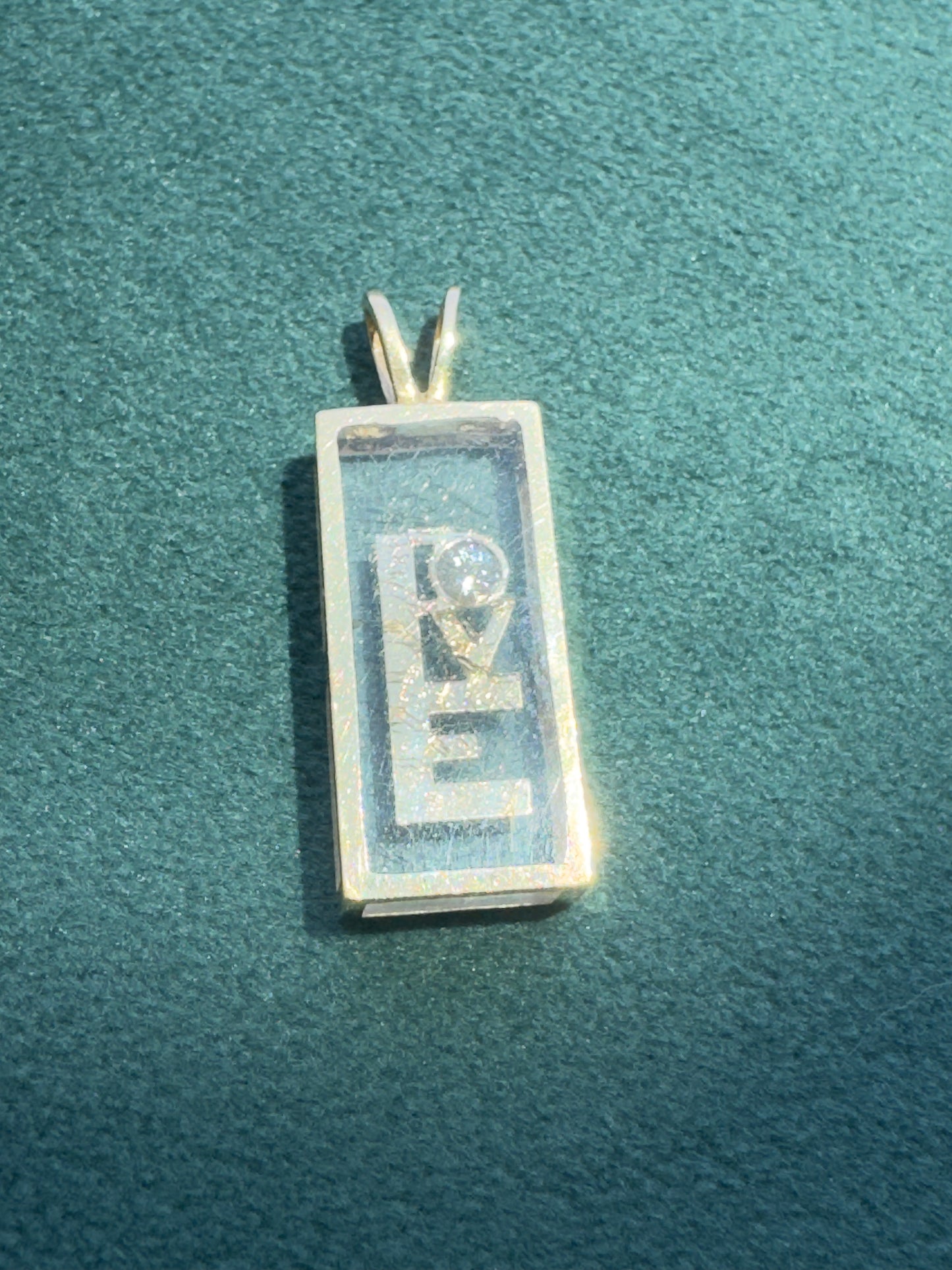 Estate 14K Yellow Gold Floating Diamond LOVE Pendant Shadow Box Lucite 1970s Incogem Style
