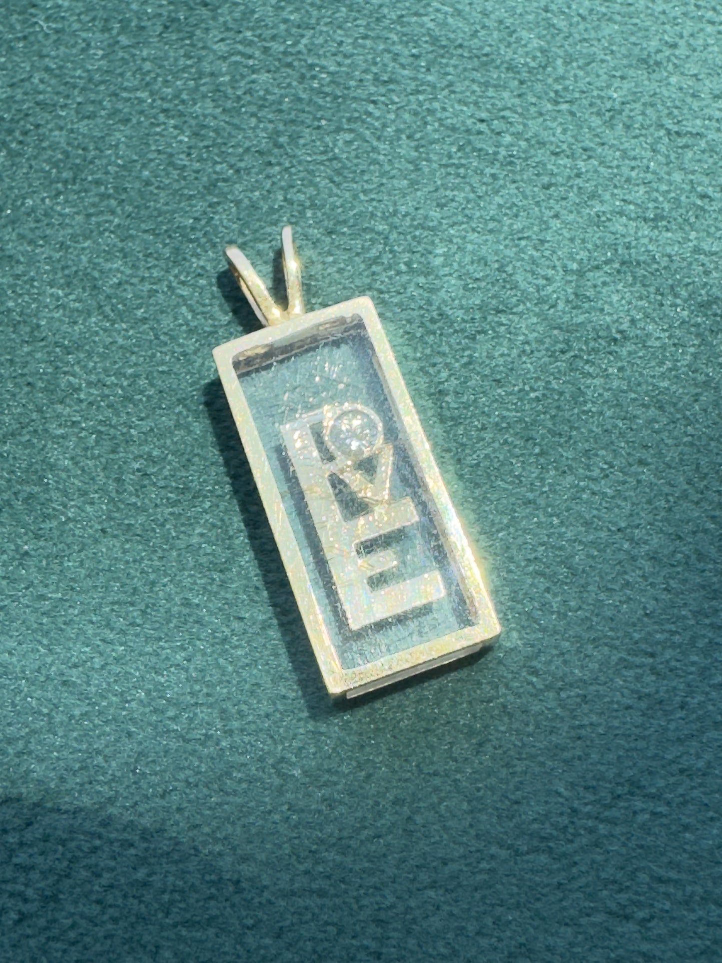 Estate 14K Yellow Gold Floating Diamond LOVE Pendant Shadow Box Lucite 1970s Incogem Style