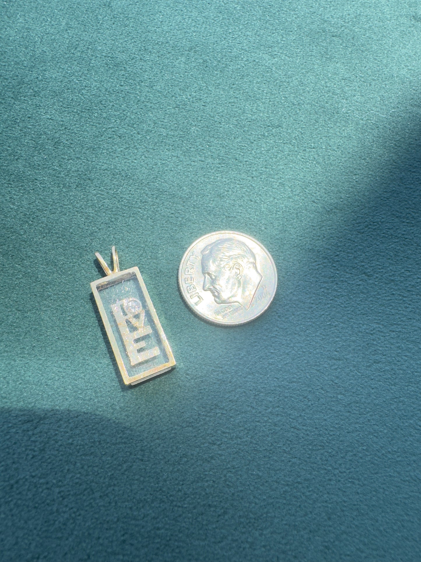 Estate 14K Yellow Gold Floating Diamond LOVE Pendant Shadow Box Lucite 1970s Incogem Style