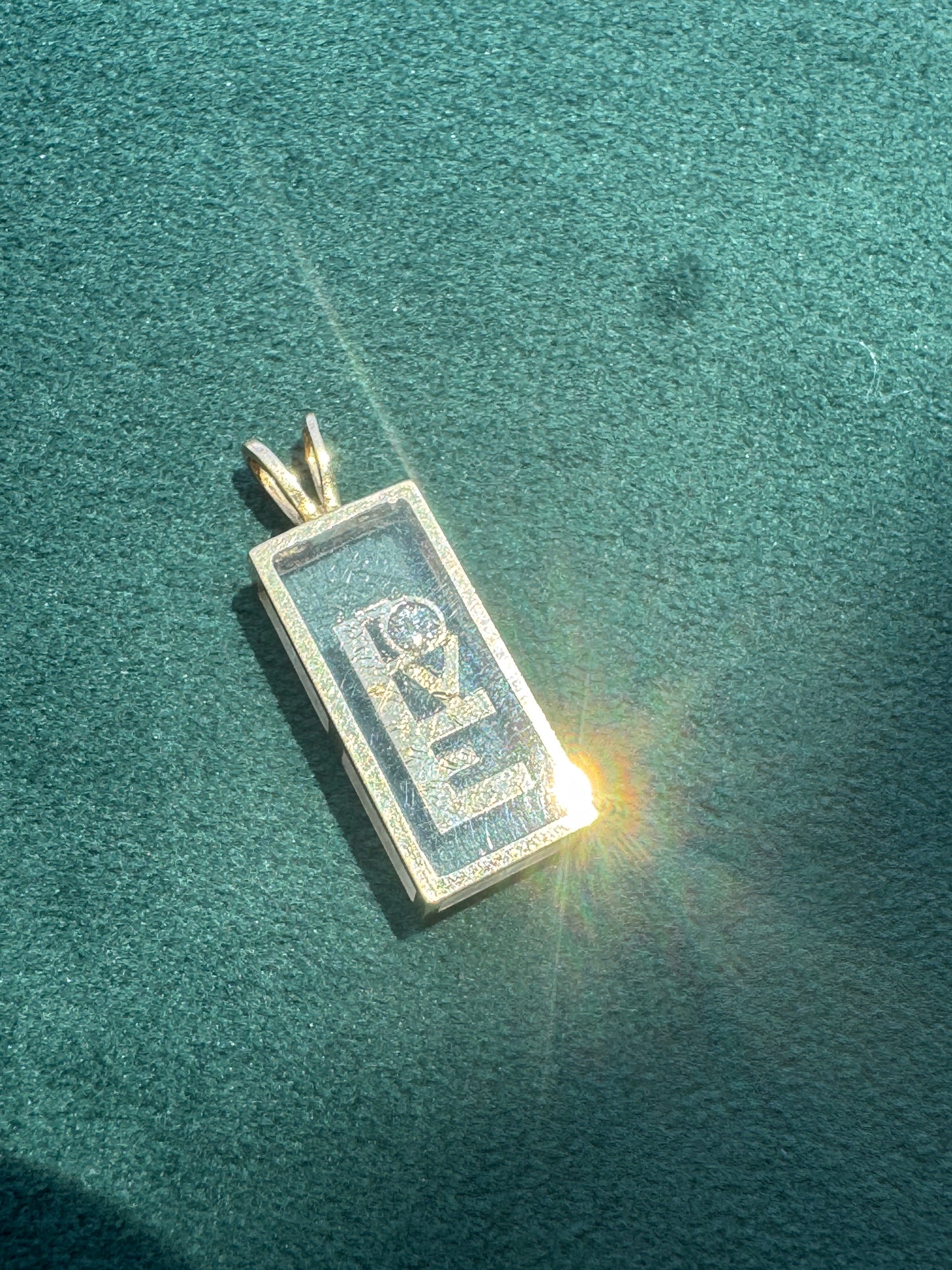 Estate 14K Yellow Gold Floating Diamond LOVE Pendant Shadow Box Lucite 1970s Incogem Style