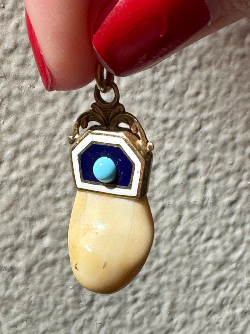 Vintage Estate 10K Gold Elks Tooth Charm Pendant Enamel Turquoise