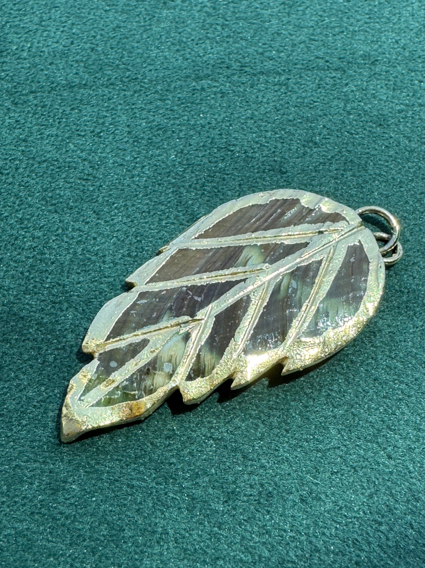 Vintage 24K Gold Dipped Mother of Pearl Carved Leaf Pendant Beach Summer Jewelry