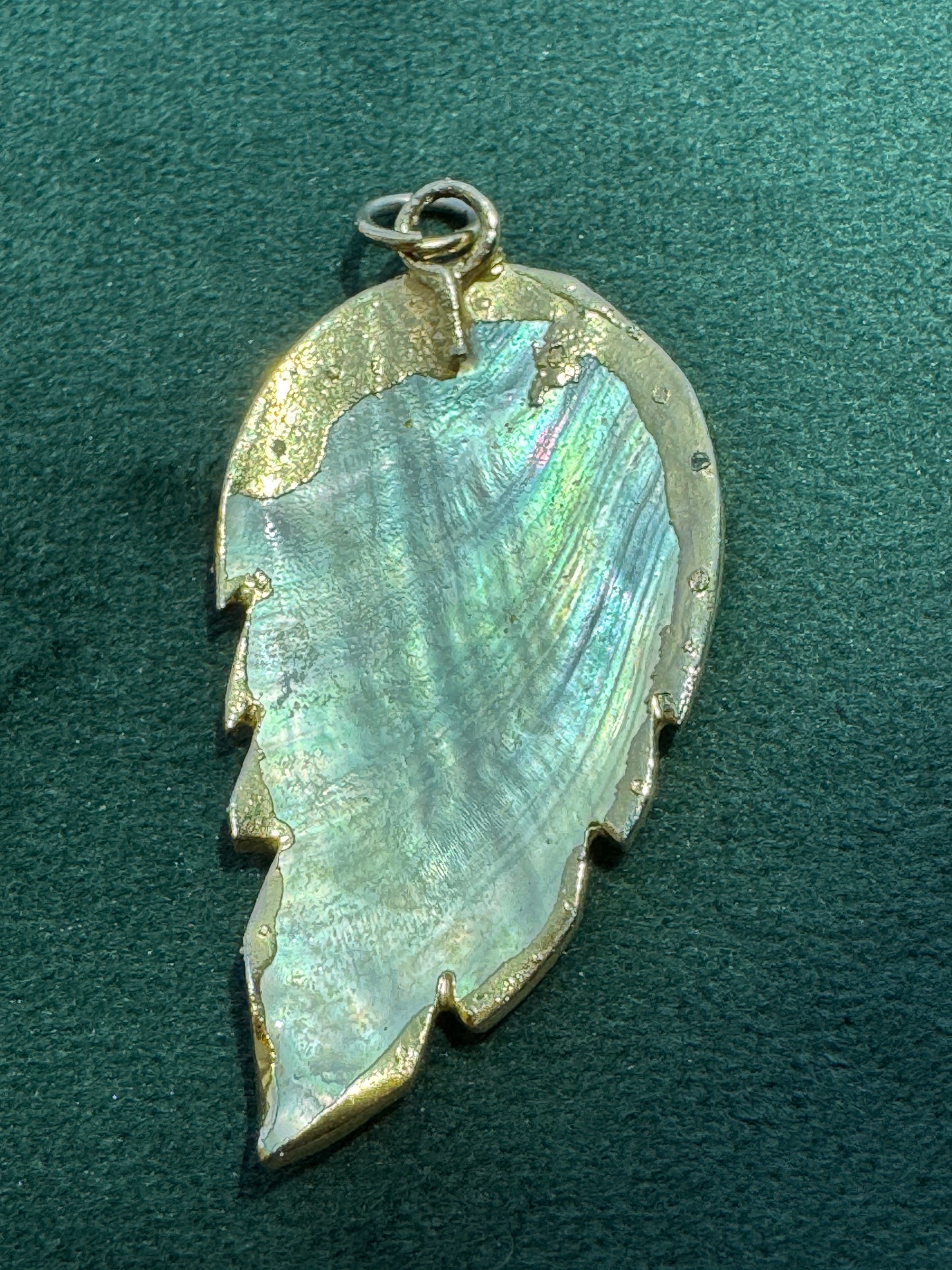 Vintage 24K Gold Dipped Mother of Pearl Carved Leaf Pendant Beach Summer Jewelry