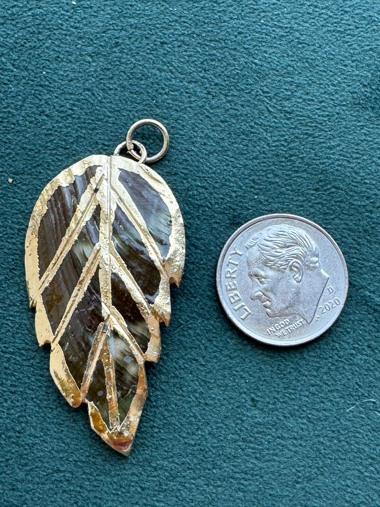 Vintage 24K Gold Dipped Mother of Pearl Carved Leaf Pendant Beach Summer Jewelry
