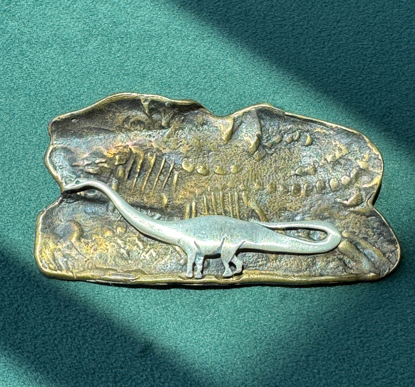 Vintage Brass and Sterling Silver Sauropod Brontasaurus Dinosaur Fossil Scene Brooch Pin Signed Figural Paleontology Gift