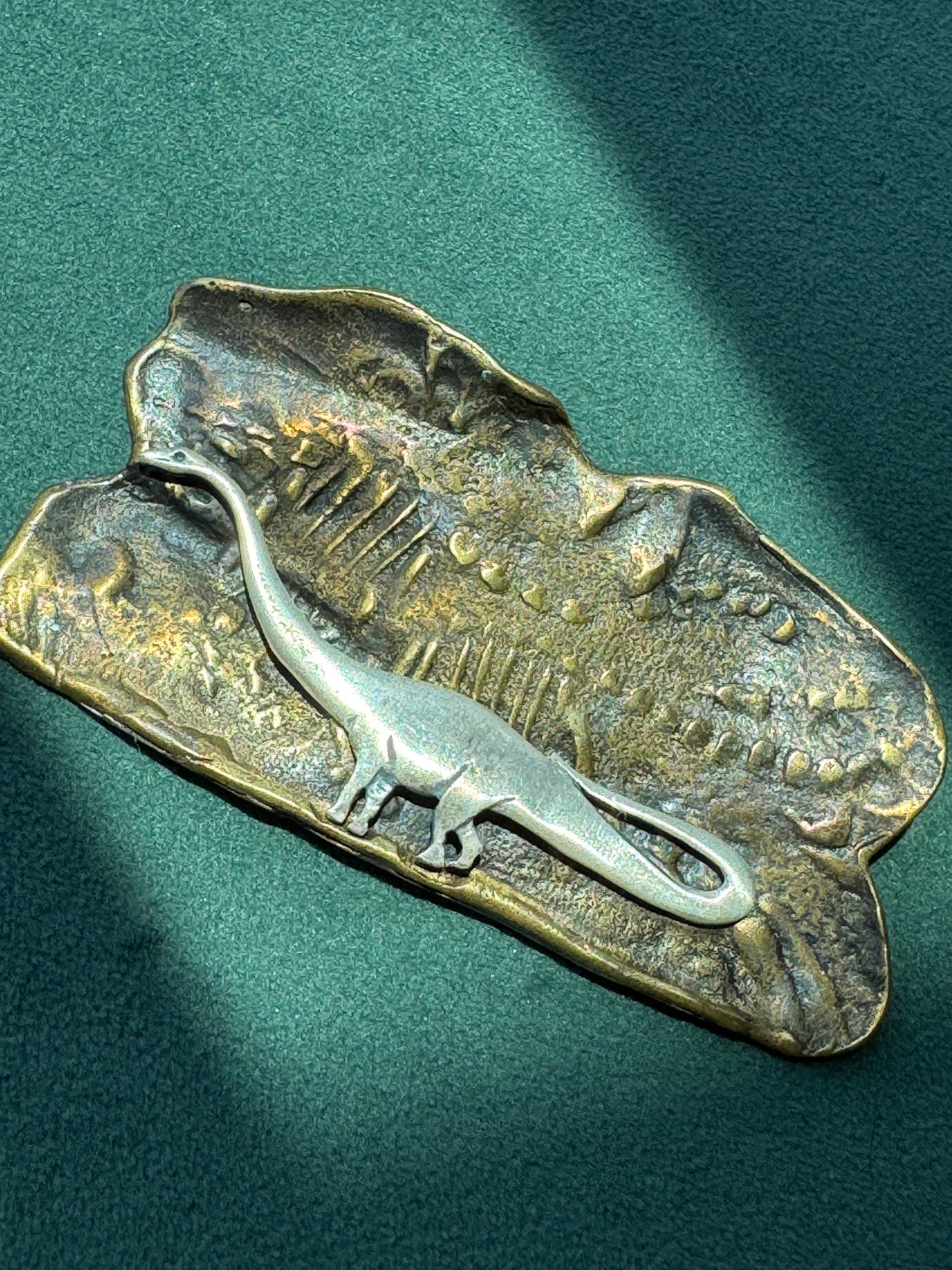Vintage Brass and Sterling Silver Sauropod Brontasaurus Dinosaur Fossil Scene Brooch Pin Signed Figural Paleontology Gift