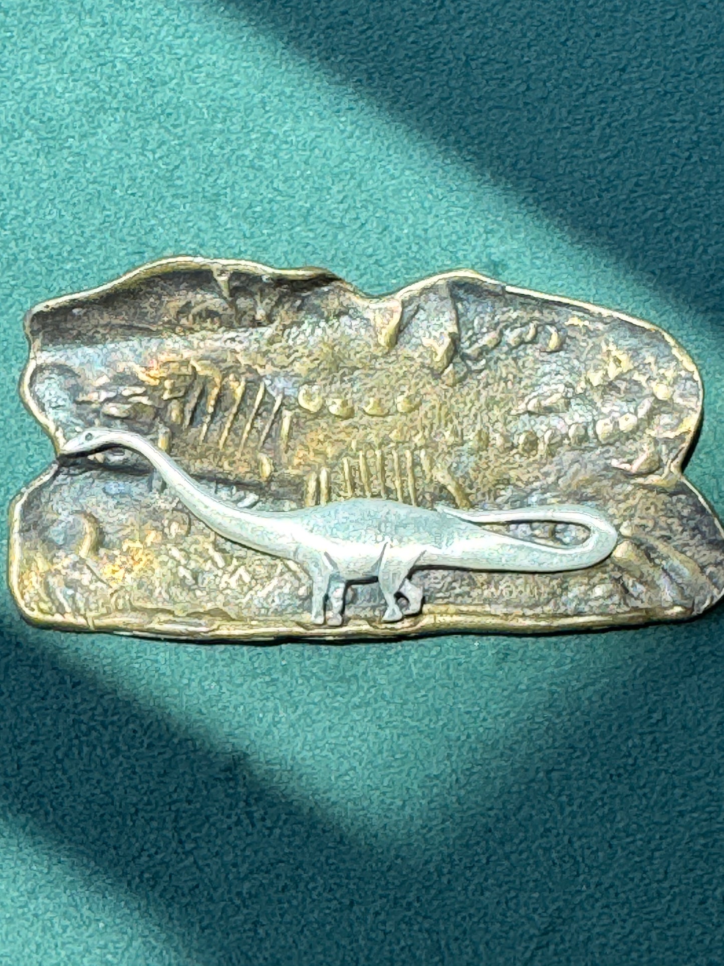 Vintage Brass and Sterling Silver Sauropod Brontasaurus Dinosaur Fossil Scene Brooch Pin Signed Figural Paleontology Gift