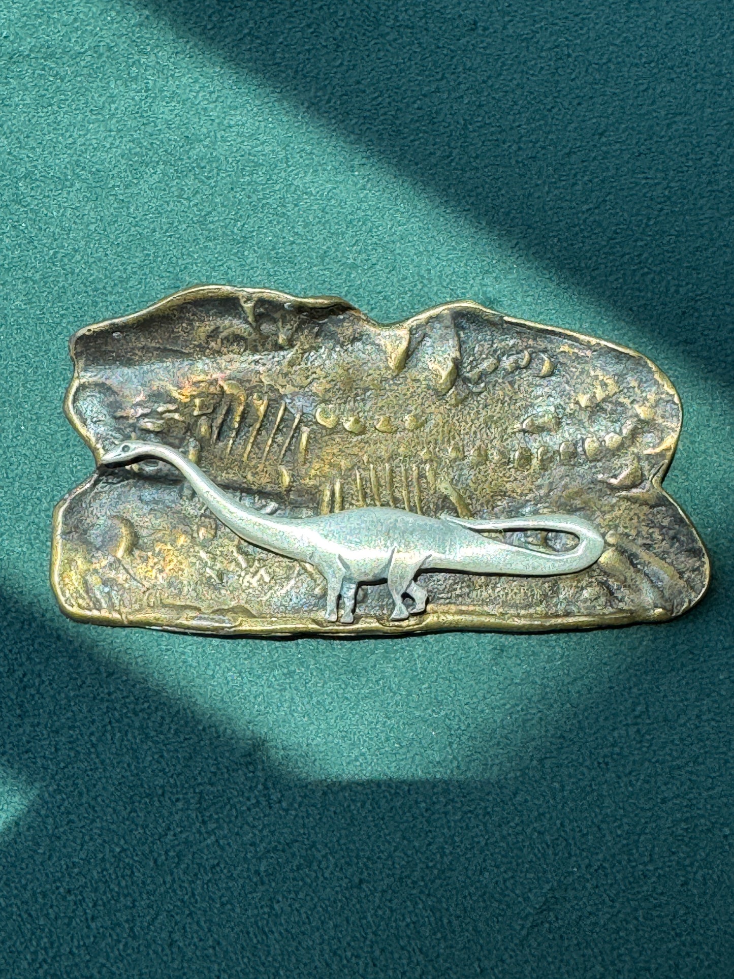Vintage Brass and Sterling Silver Sauropod Brontasaurus Dinosaur Fossil Scene Brooch Pin Signed Figural Paleontology Gift
