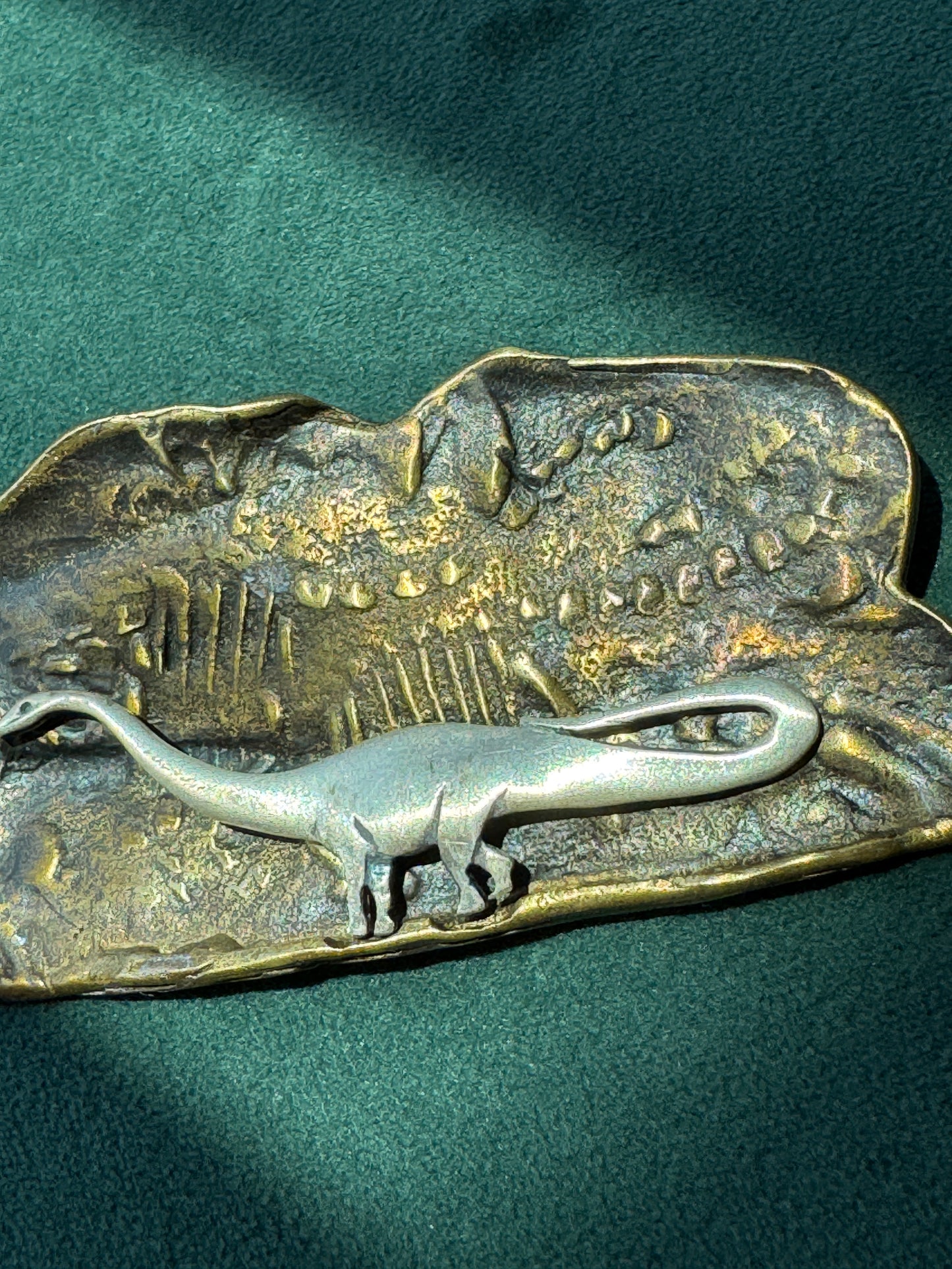 Vintage Brass and Sterling Silver Sauropod Brontasaurus Dinosaur Fossil Scene Brooch Pin Signed Figural Paleontology Gift