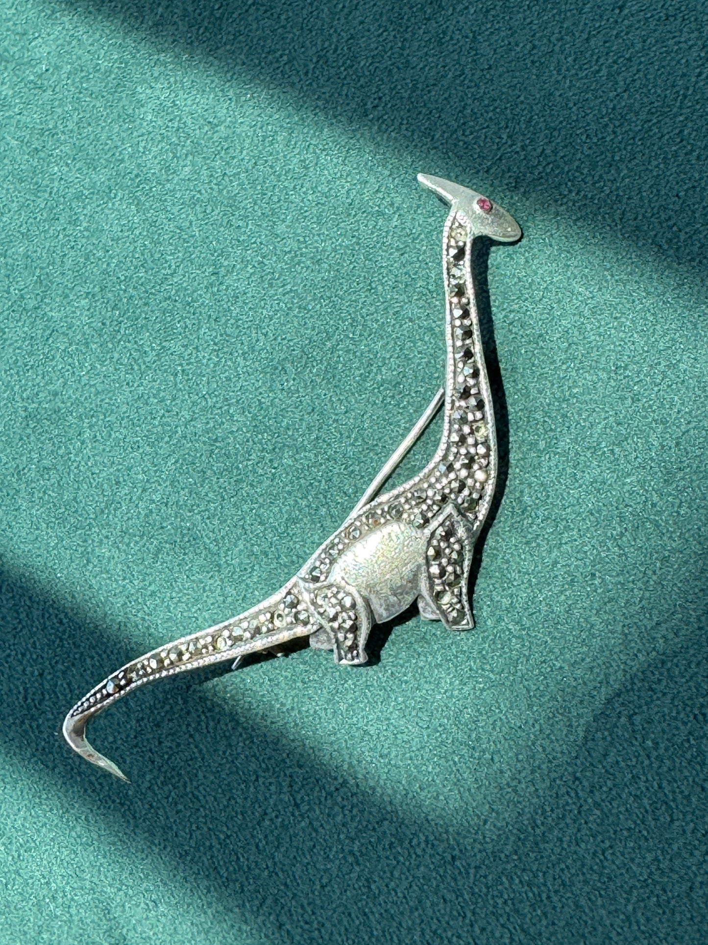 Estate Sterling Silver 925 Marcasite Sauropod Brontosaurus Dinosaur Brooch Pin Red Stone Eye Figural