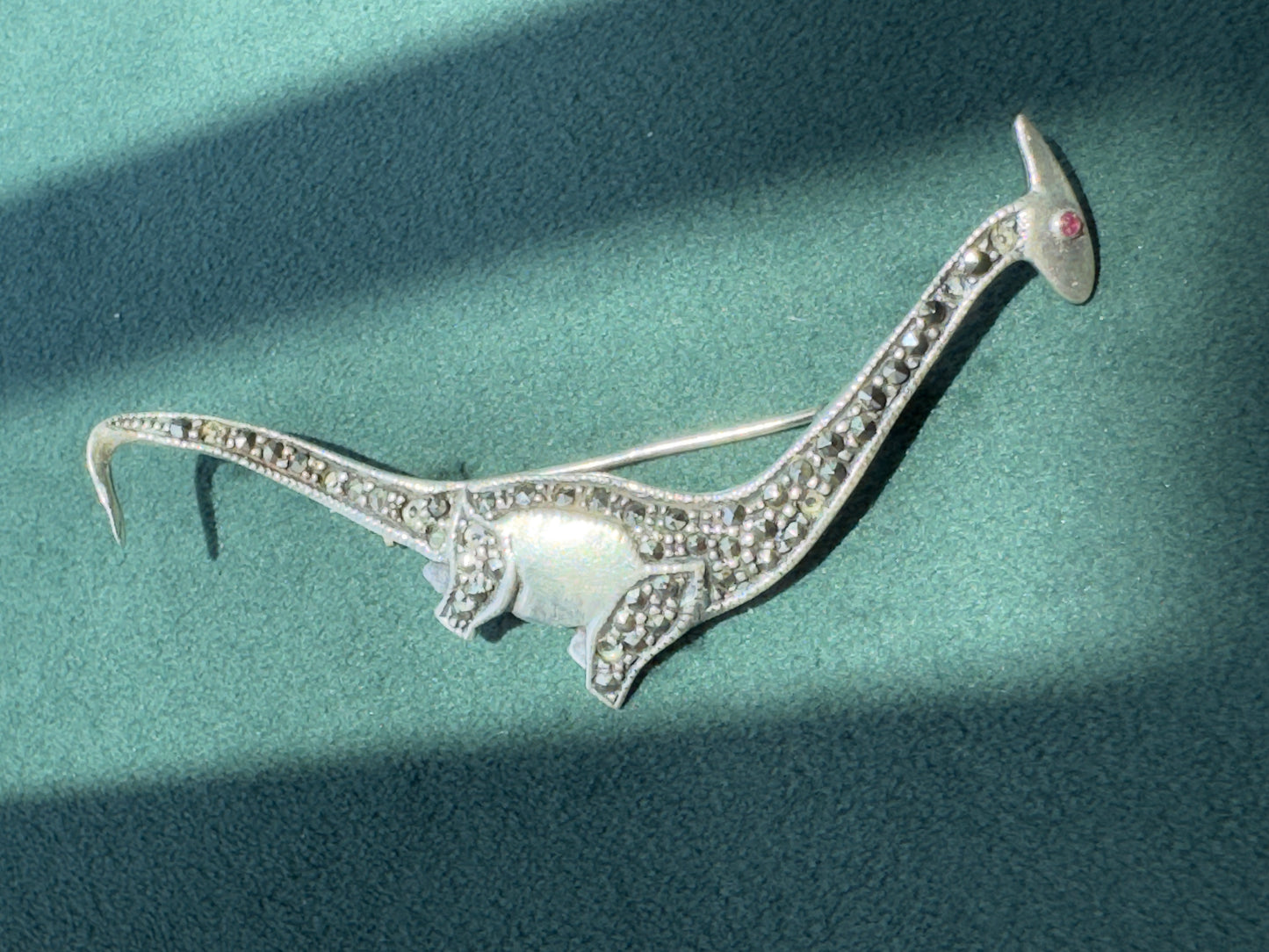 Estate Sterling Silver 925 Marcasite Sauropod Brontosaurus Dinosaur Brooch Pin Red Stone Eye Figural