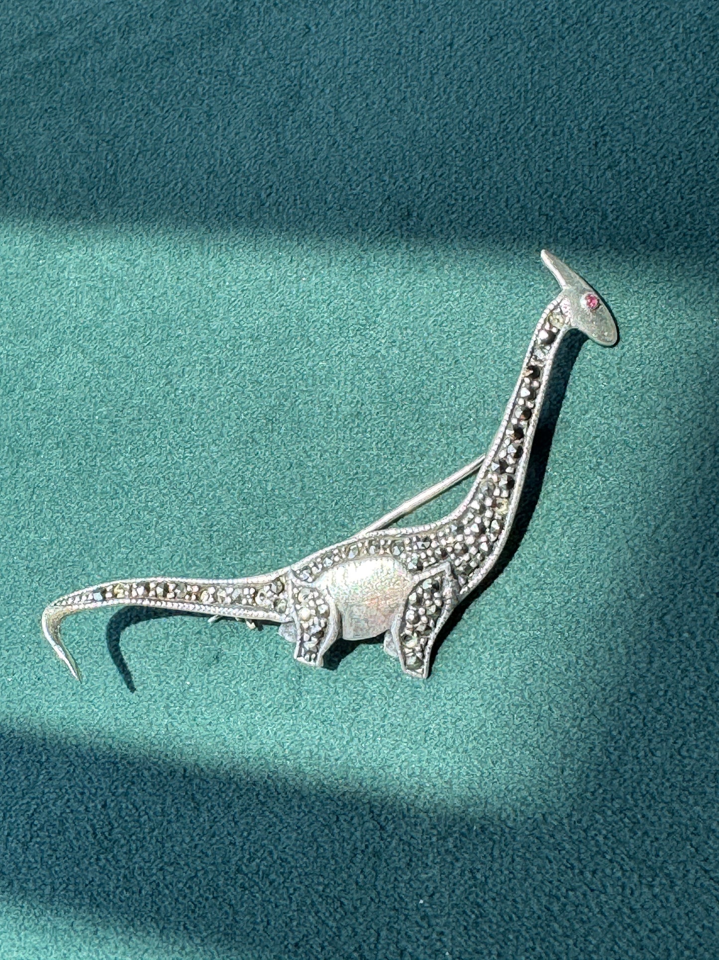 Estate Sterling Silver 925 Marcasite Sauropod Brontosaurus Dinosaur Brooch Pin Red Stone Eye Figural