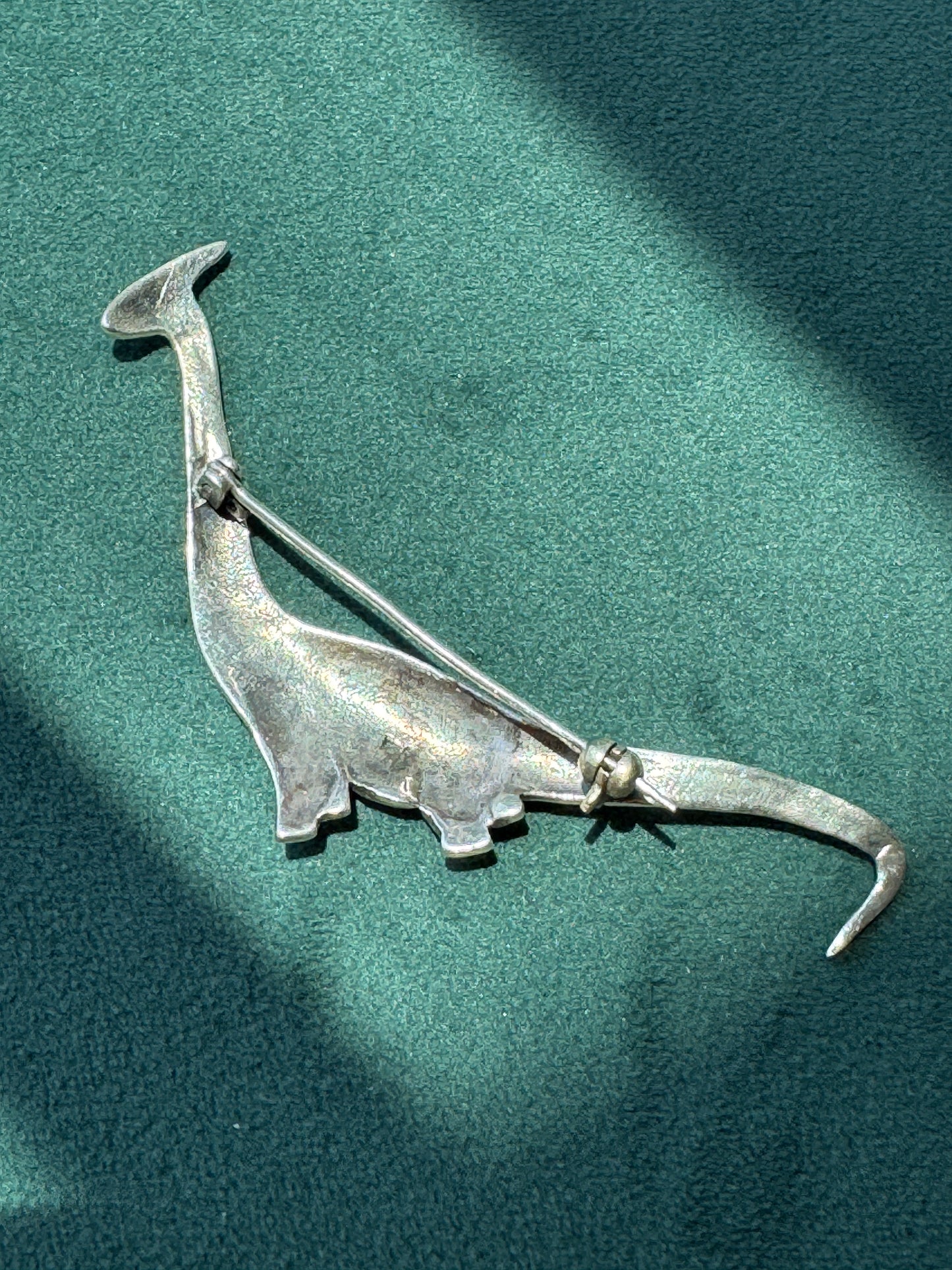 Estate Sterling Silver 925 Marcasite Sauropod Brontosaurus Dinosaur Brooch Pin Red Stone Eye Figural