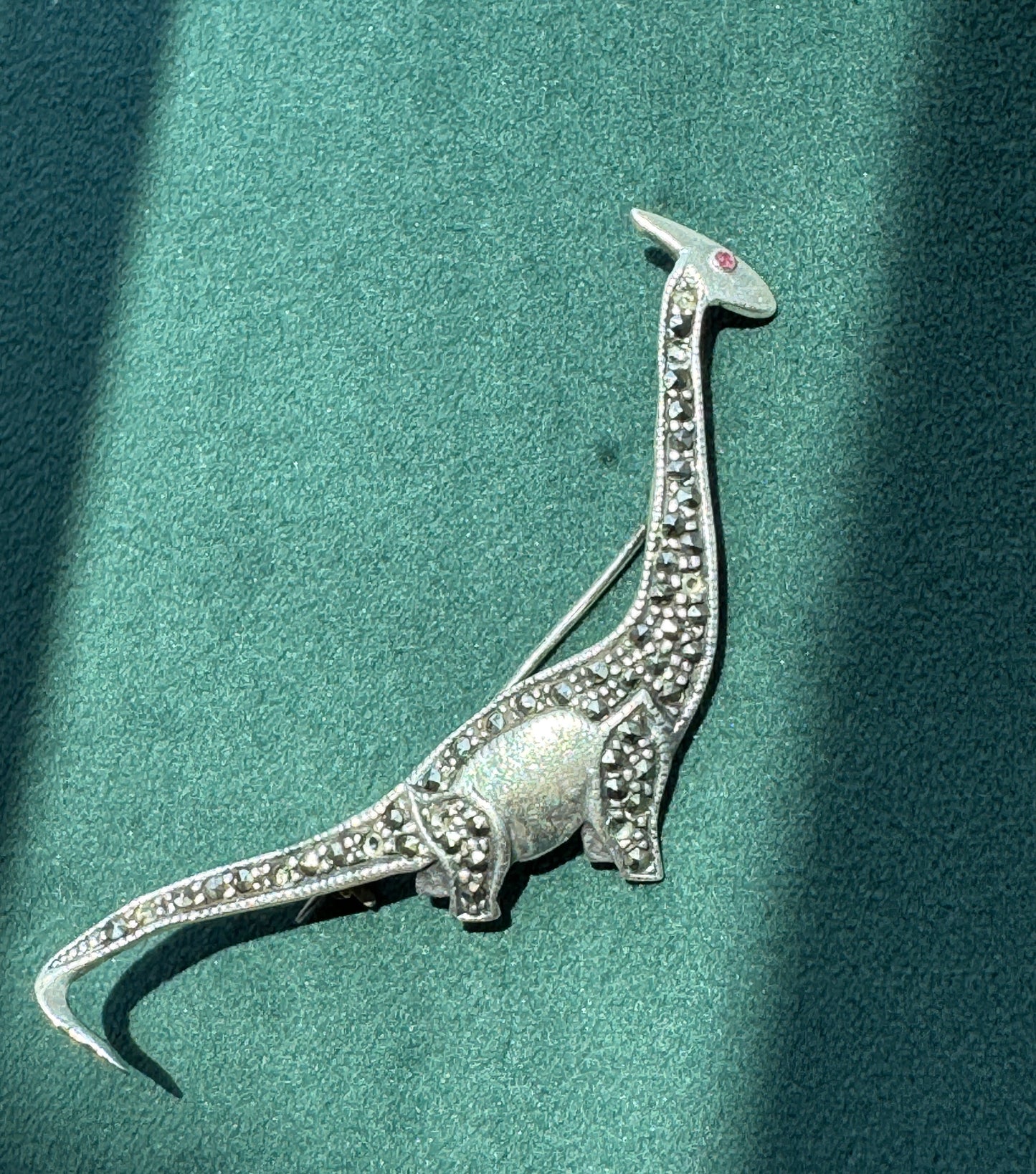 Estate Sterling Silver 925 Marcasite Sauropod Brontosaurus Dinosaur Brooch Pin Red Stone Eye Figural