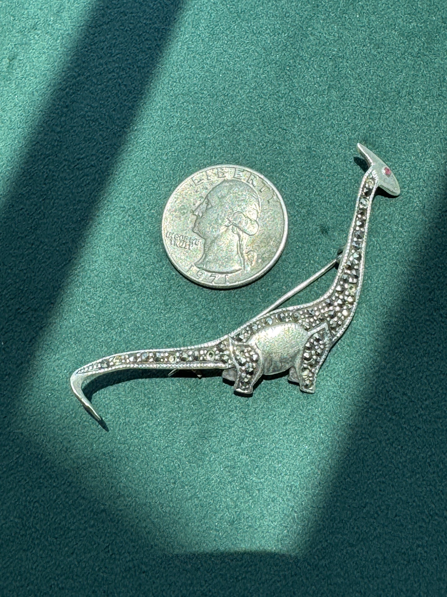 Estate Sterling Silver 925 Marcasite Sauropod Brontosaurus Dinosaur Brooch Pin Red Stone Eye Figural