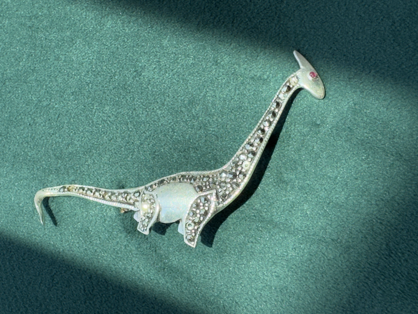 Estate Sterling Silver 925 Marcasite Sauropod Brontosaurus Dinosaur Brooch Pin Red Stone Eye Figural