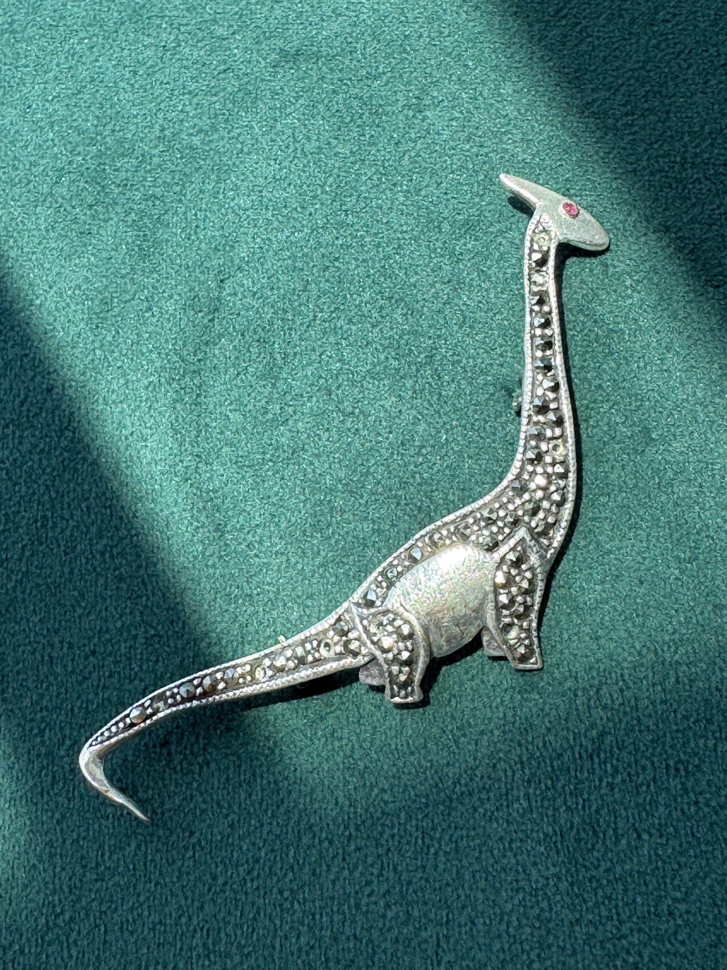 Estate Sterling Silver 925 Marcasite Sauropod Brontosaurus Dinosaur Brooch Pin Red Stone Eye Figural