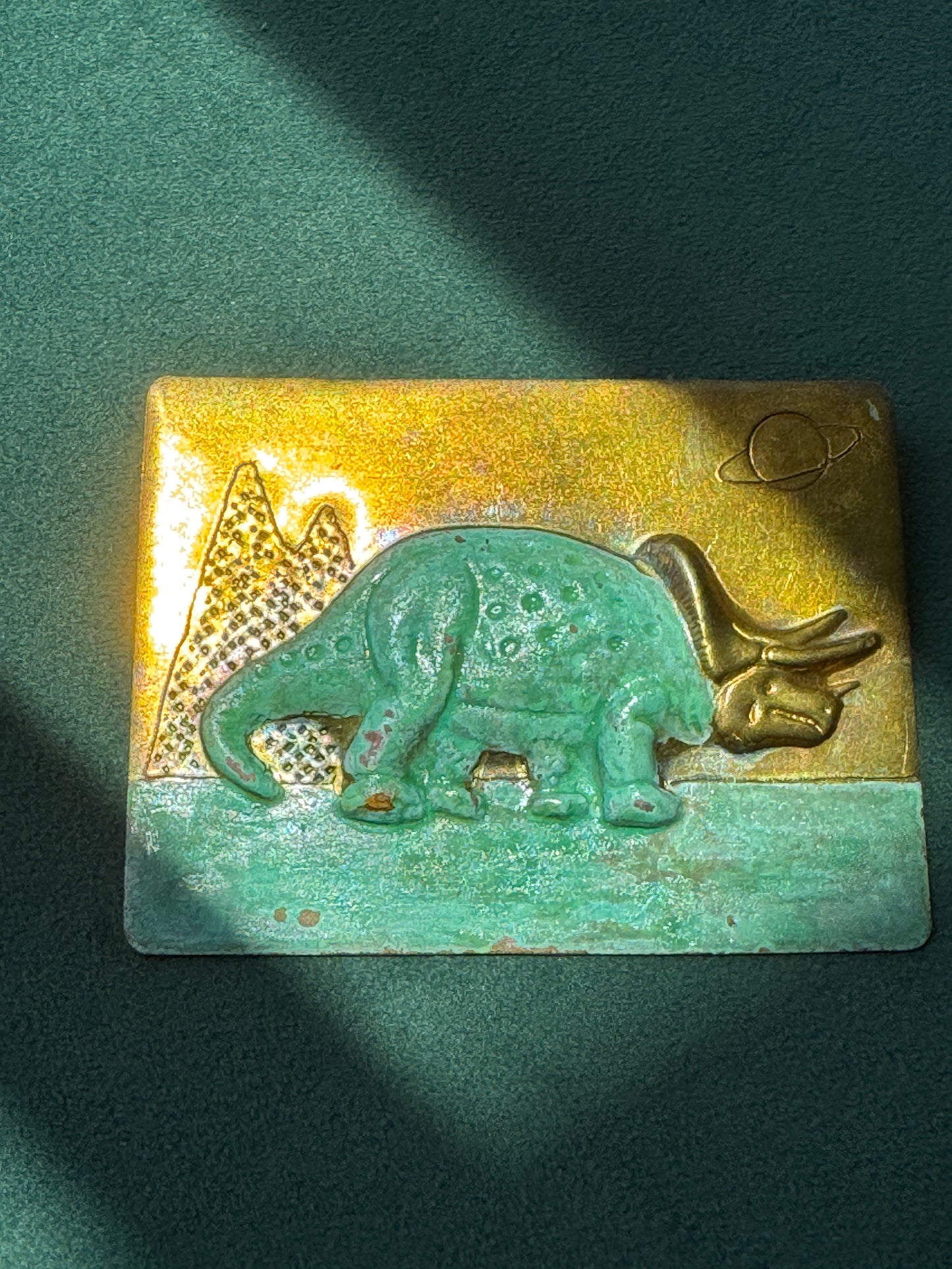 Vintage Brass Triceratops Dinosaur Brooch Pin Patinated Verdigris Prehistoric Scene Saturn Planet Figural