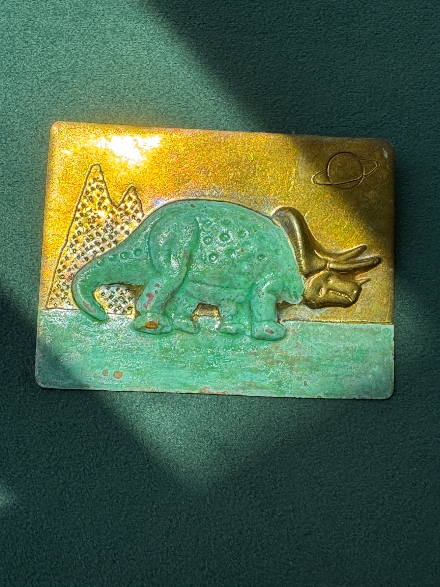 Vintage Brass Triceratops Dinosaur Brooch Pin Patinated Verdigris Prehistoric Scene Saturn Planet Figural