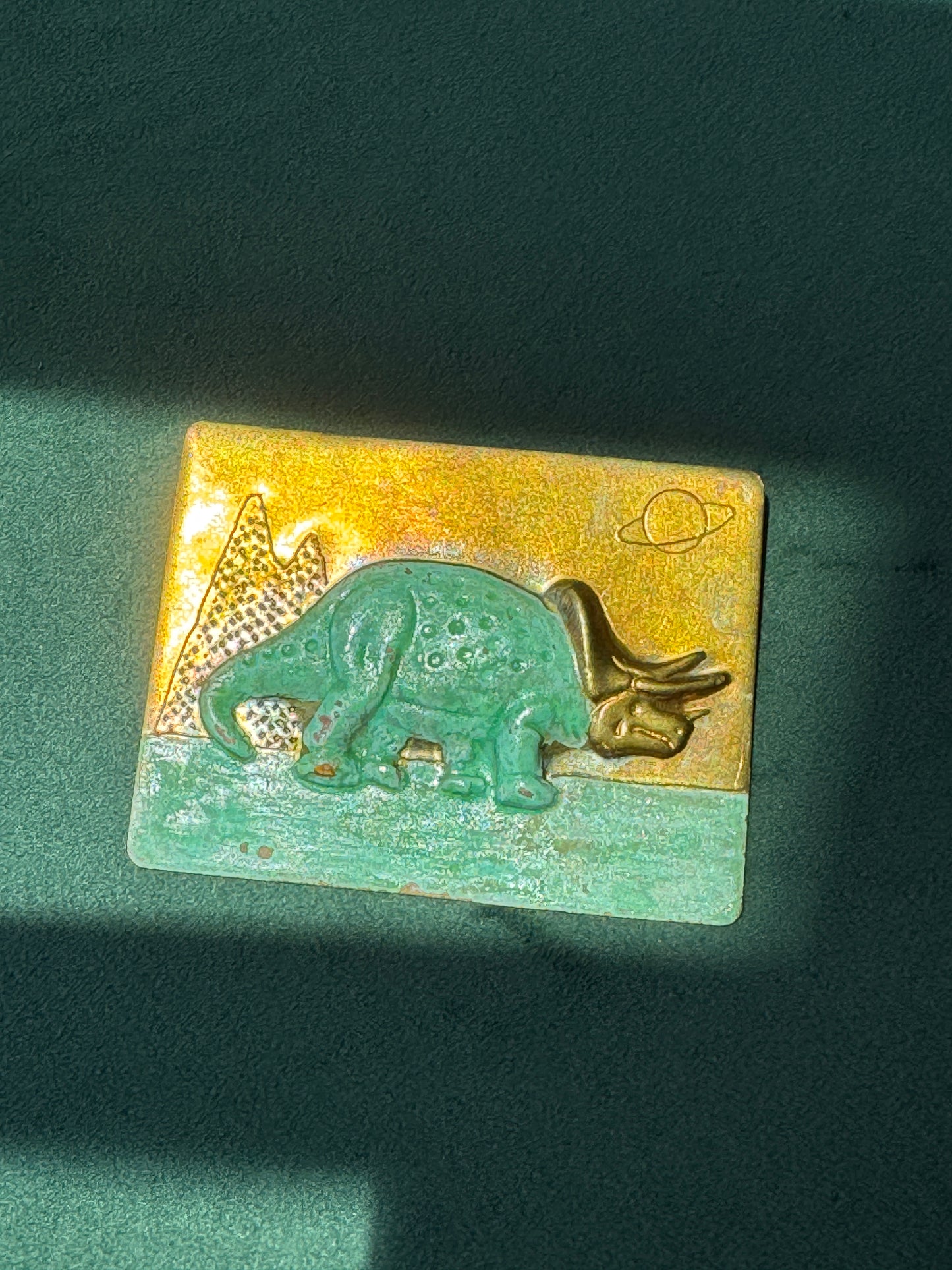 Vintage Brass Triceratops Dinosaur Brooch Pin Patinated Verdigris Prehistoric Scene Saturn Planet Figural