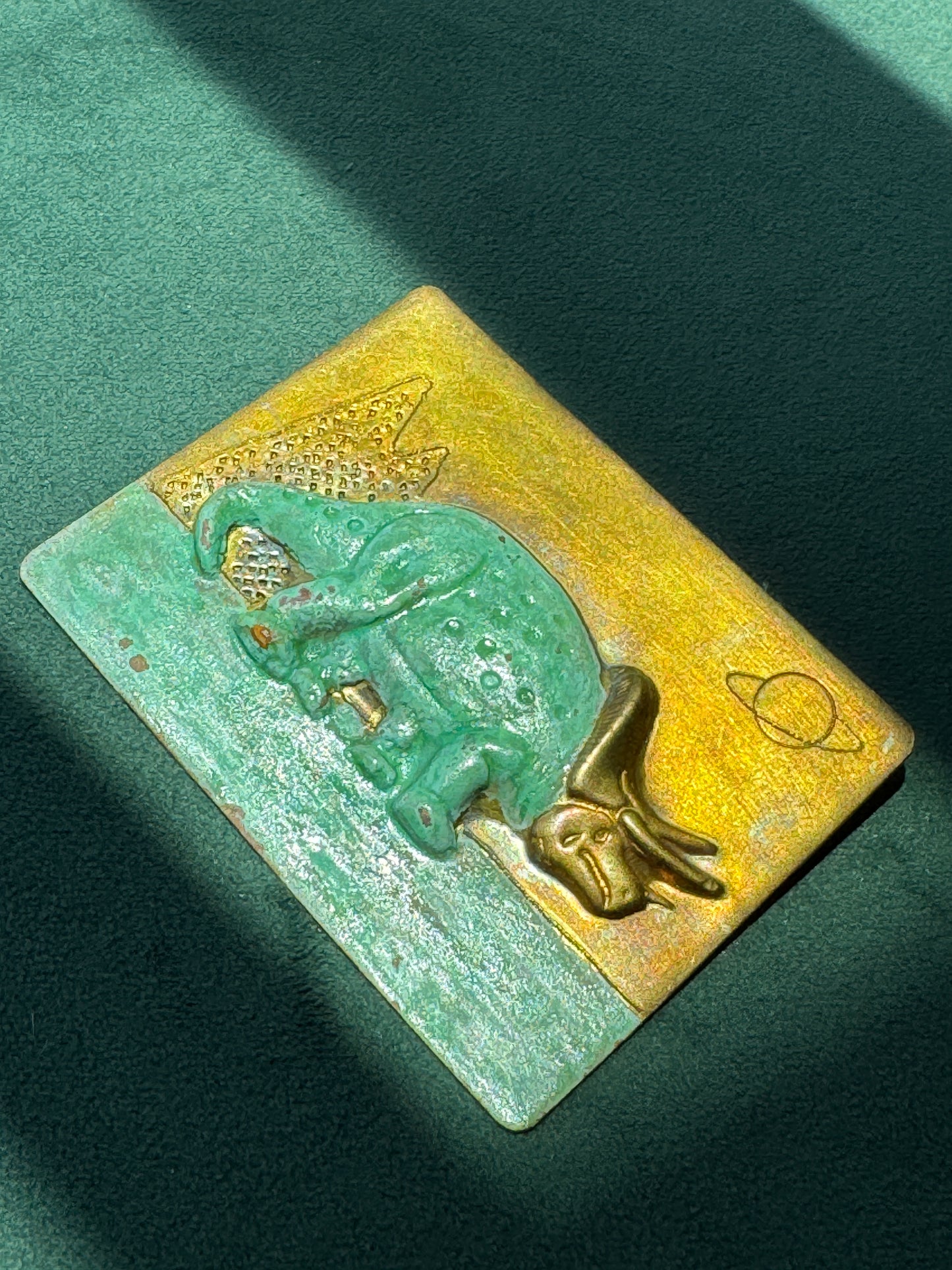 Vintage Brass Triceratops Dinosaur Brooch Pin Patinated Verdigris Prehistoric Scene Saturn Planet Figural