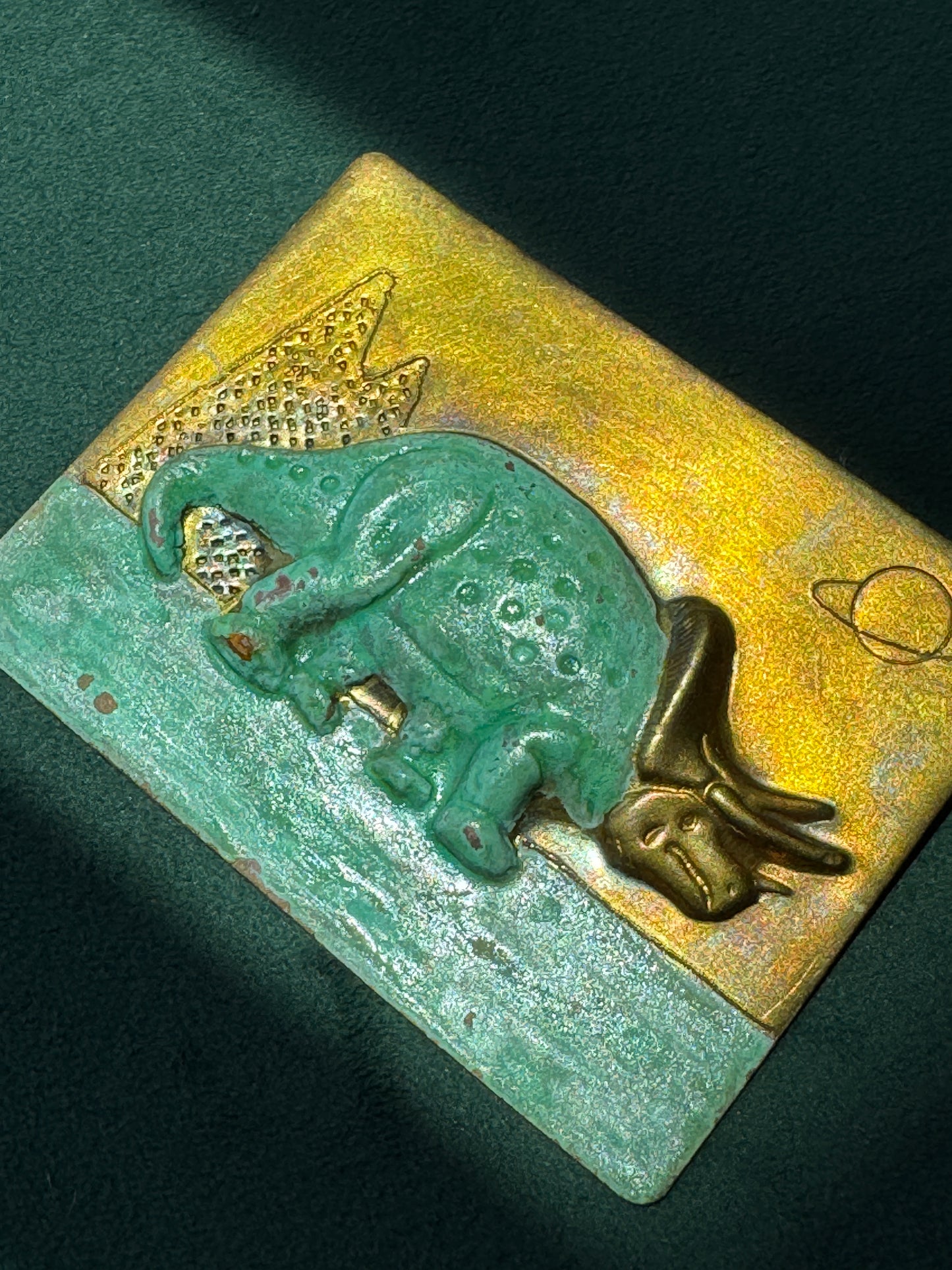 Vintage Brass Triceratops Dinosaur Brooch Pin Patinated Verdigris Prehistoric Scene Saturn Planet Figural