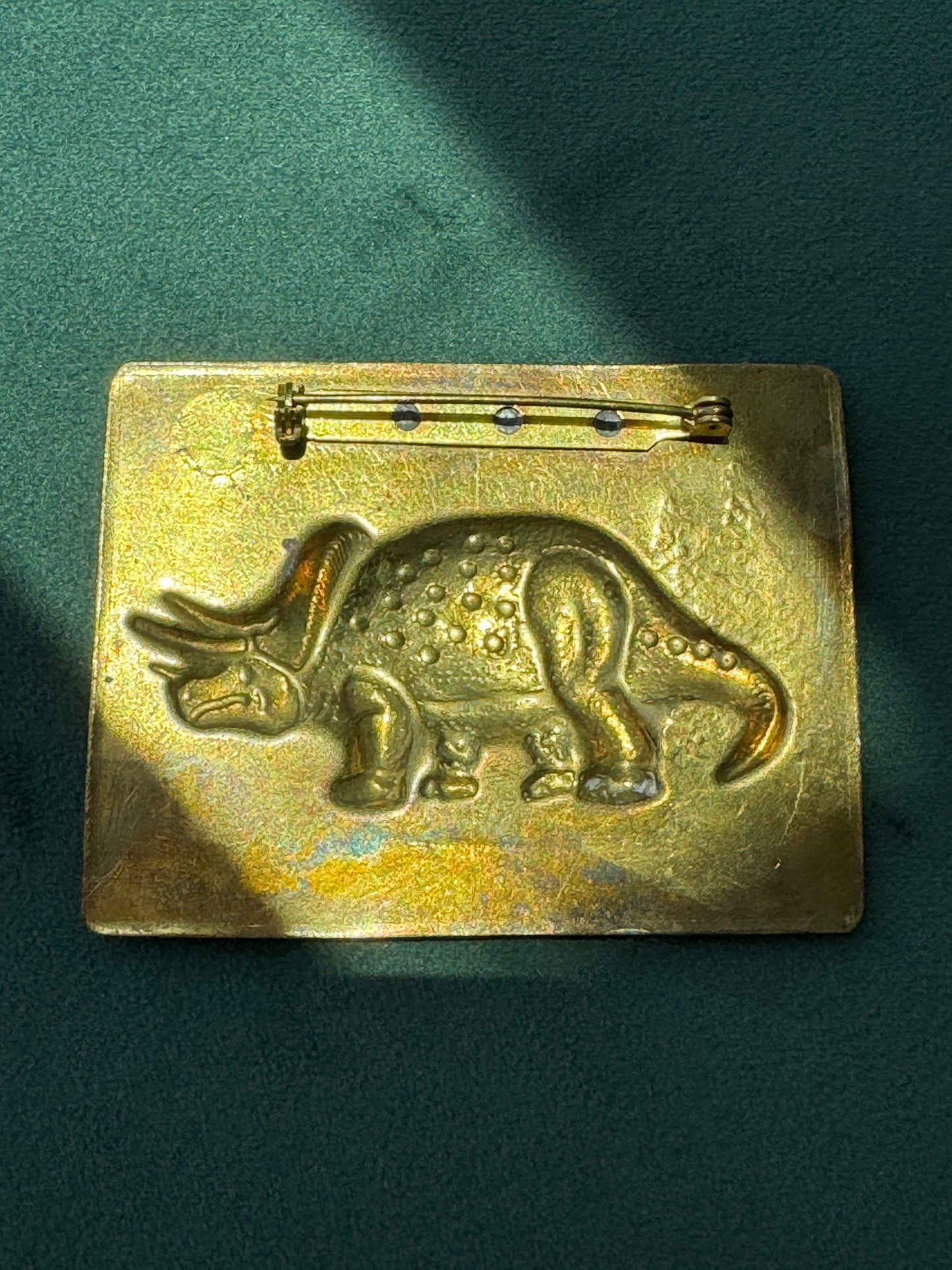 Vintage Brass Triceratops Dinosaur Brooch Pin Patinated Verdigris Prehistoric Scene Saturn Planet Figural