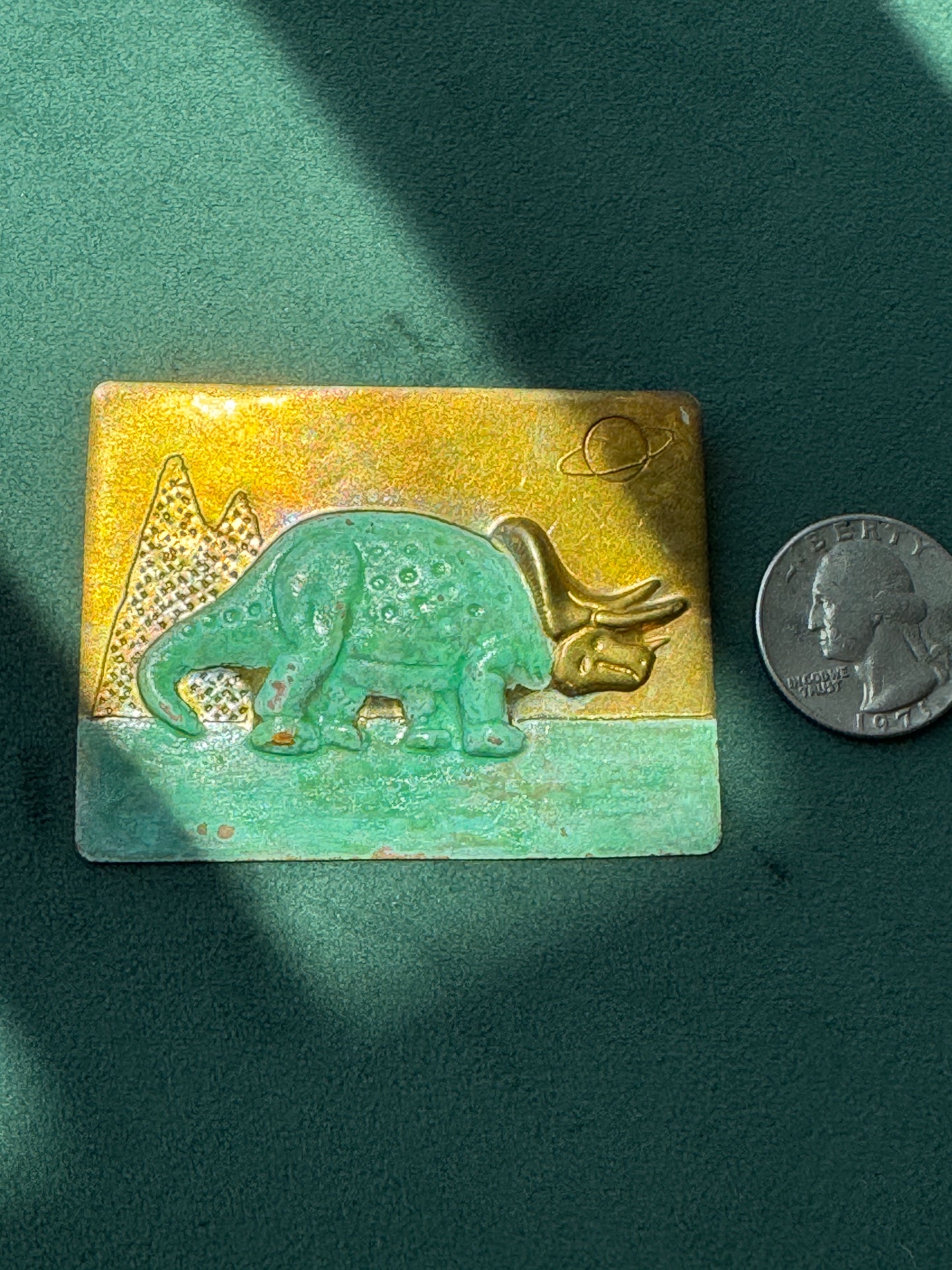 Vintage Brass Triceratops Dinosaur Brooch Pin Patinated Verdigris Prehistoric Scene Saturn Planet Figural