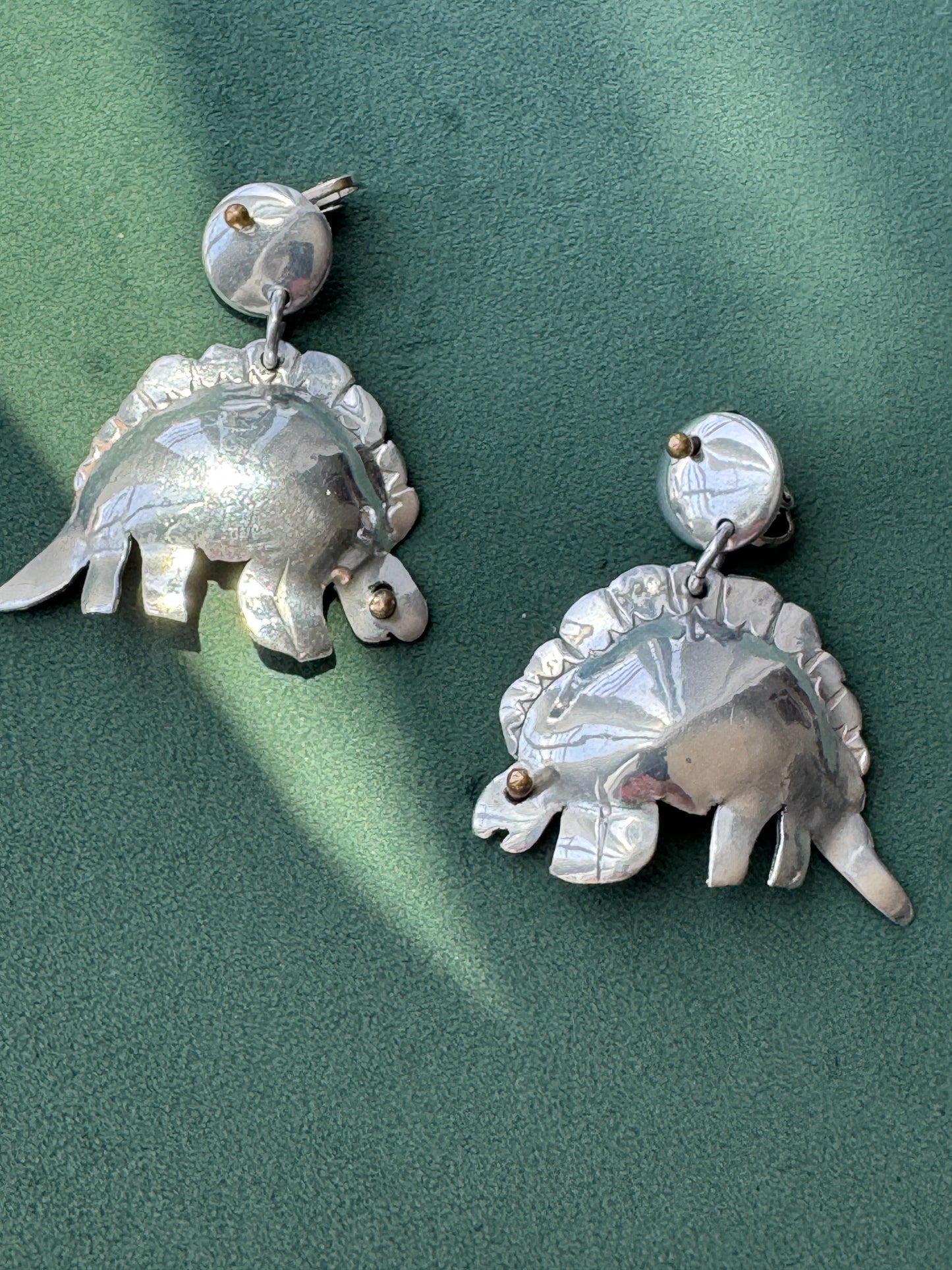 Vintage Silver Stegosaurus Dinosaur Dangle Clip On Earrings Mixed Metal Gold Accents Large Statement Earrings