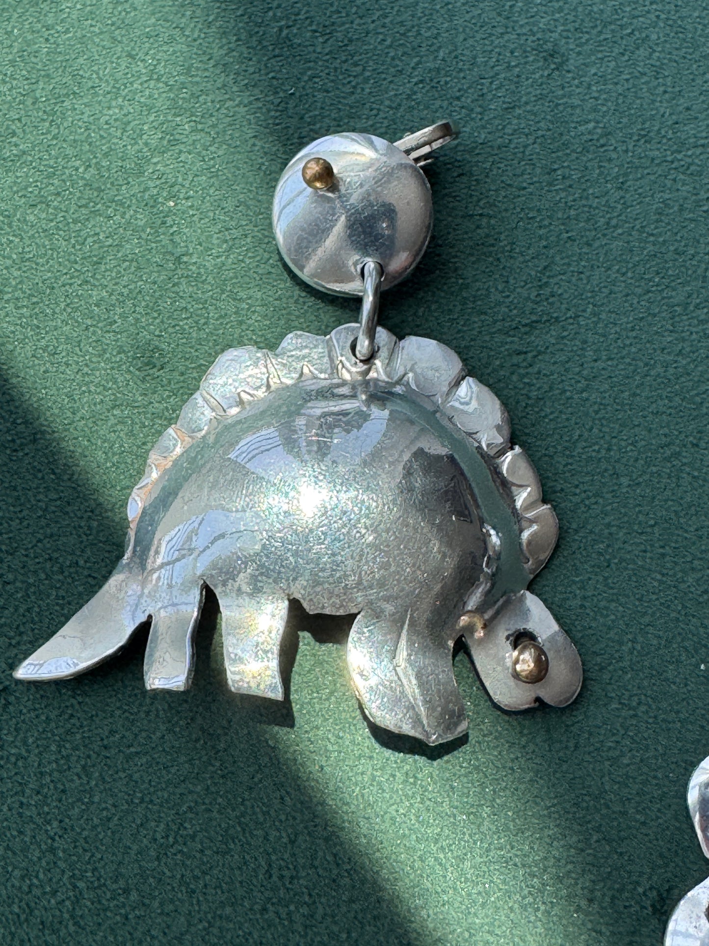 Vintage Silver Stegosaurus Dinosaur Dangle Clip On Earrings Mixed Metal Gold Accents Large Statement Earrings