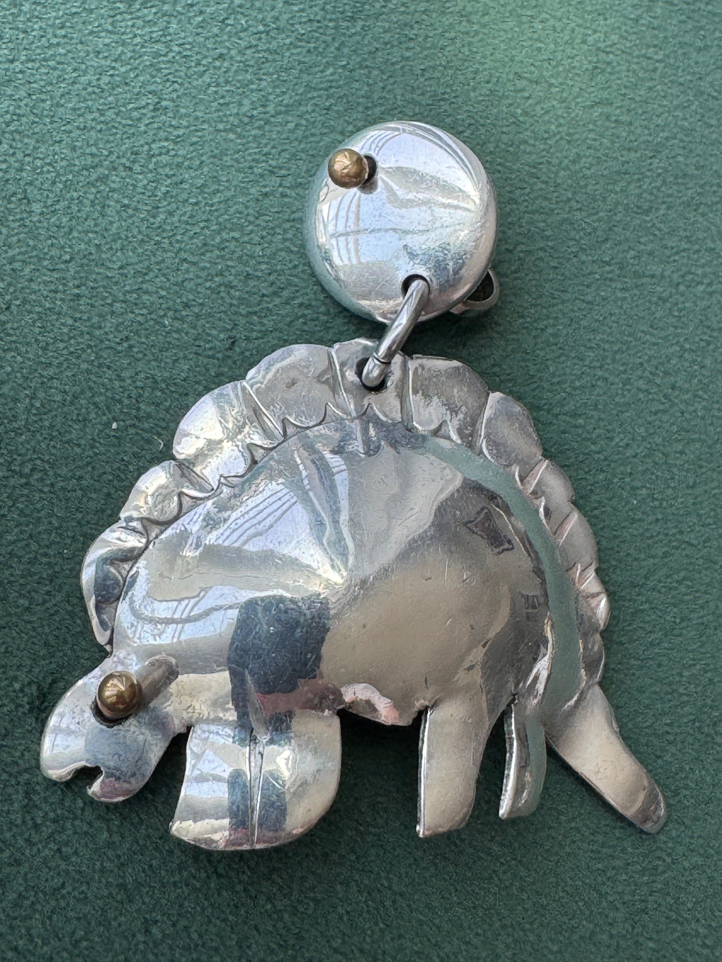 Vintage Silver Stegosaurus Dinosaur Dangle Clip On Earrings Mixed Metal Gold Accents Large Statement Earrings