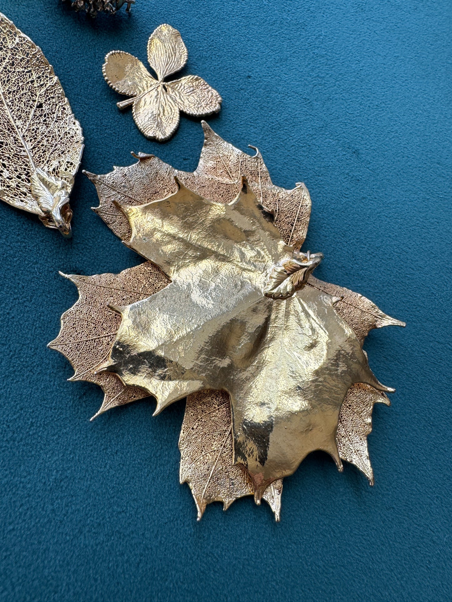 Vintage 1970s Genuine Gold Dipped Maple Leaf Cluster Pendant with Pinecone Real Botanical Statement Piece Autumn That Never Falls