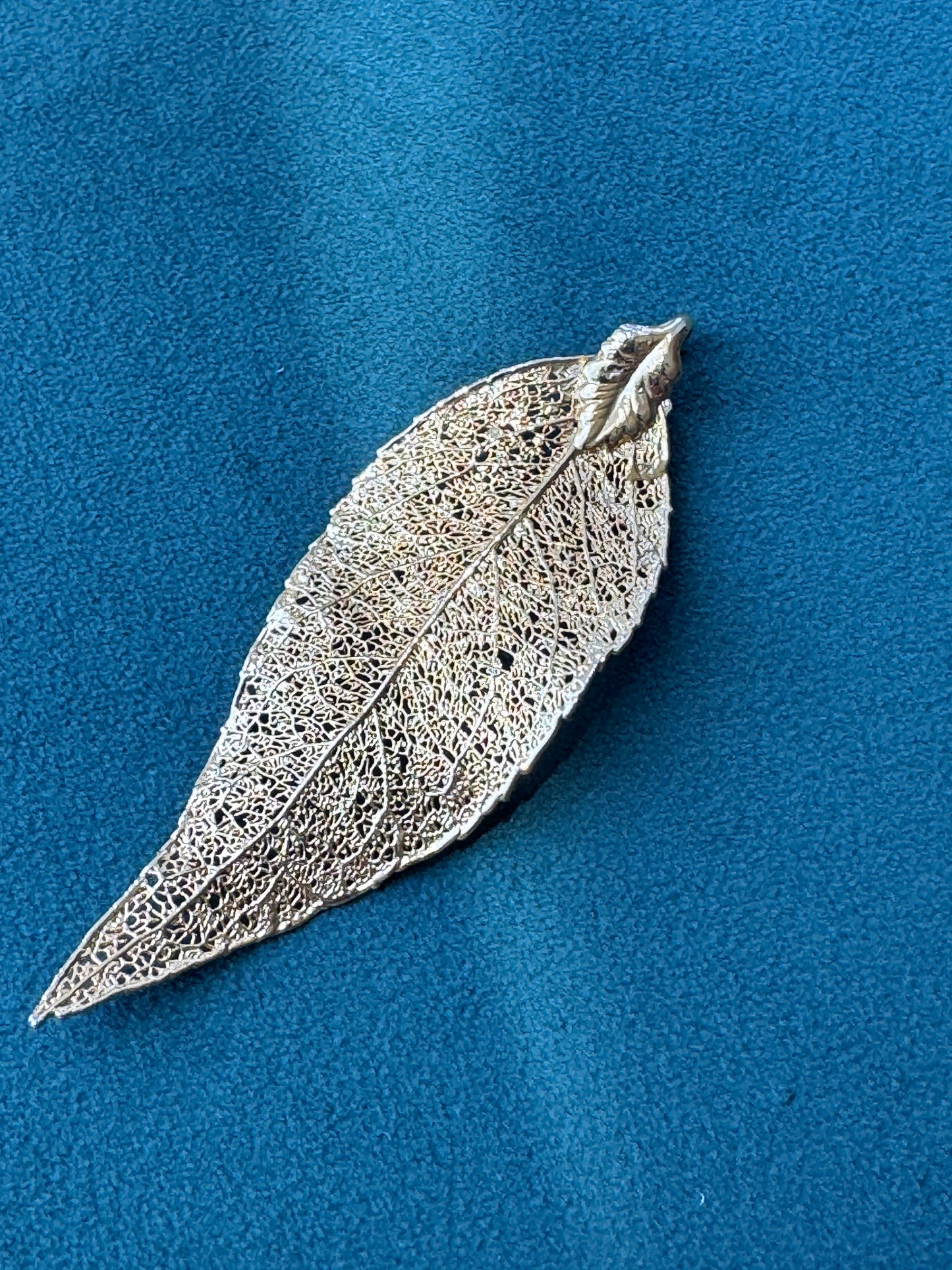 Vintage 1970s Genuine Gold Dipped Bay Leaf Pendant Real Botanical Specimen Long Lean and Rich
