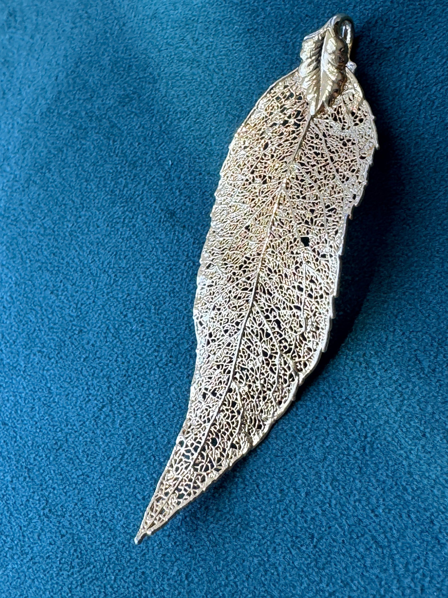 Vintage 1970s Genuine Gold Dipped Bay Leaf Pendant Real Botanical Specimen Long Lean and Rich
