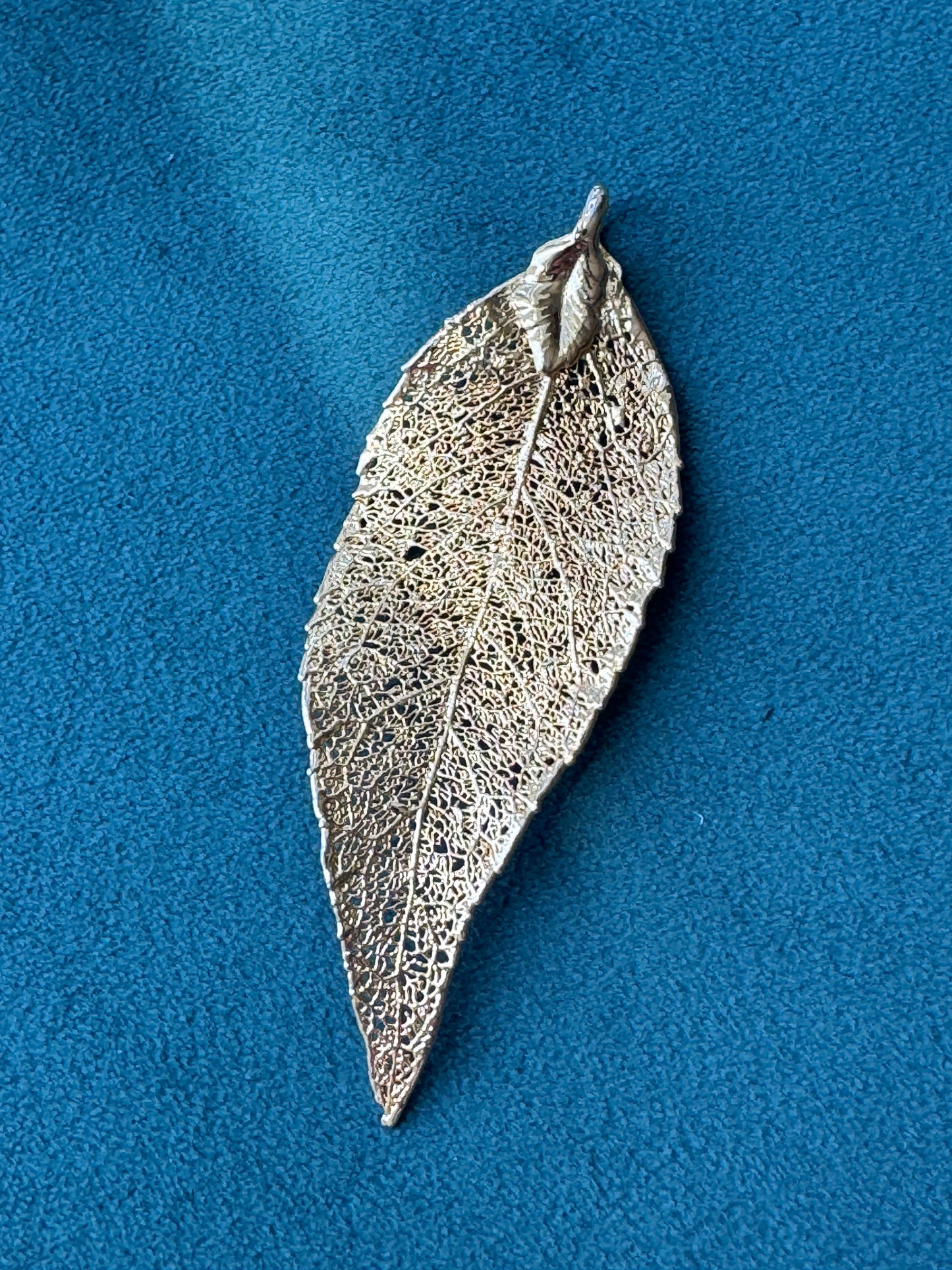Vintage 1970s Genuine Gold Dipped Bay Leaf Pendant Real Botanical Specimen Long Lean and Rich