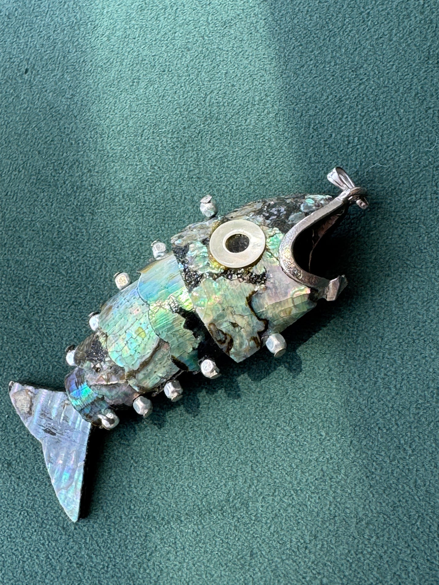 Vintage 1970s Silver Tone Abalone Shell Fish Necklace Also a Real Working Bottle Opener